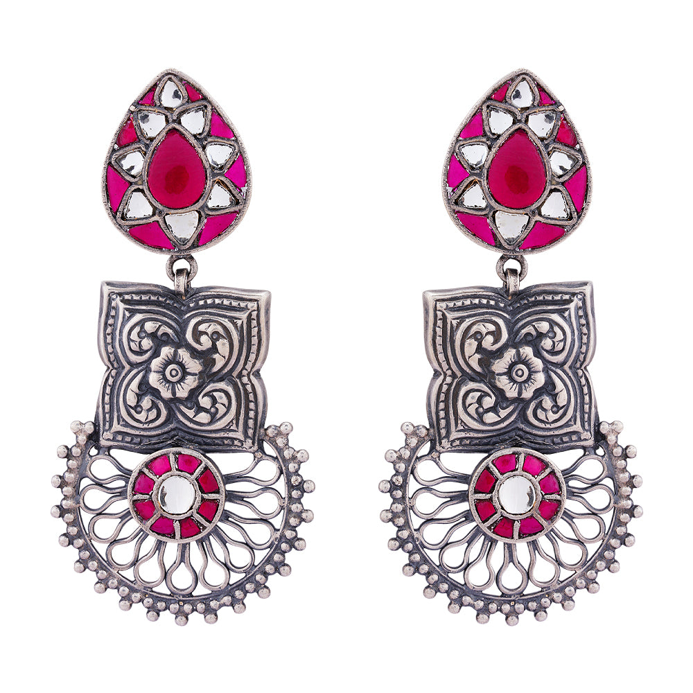 925 Sterling Silver Radial Red Kundan Earring