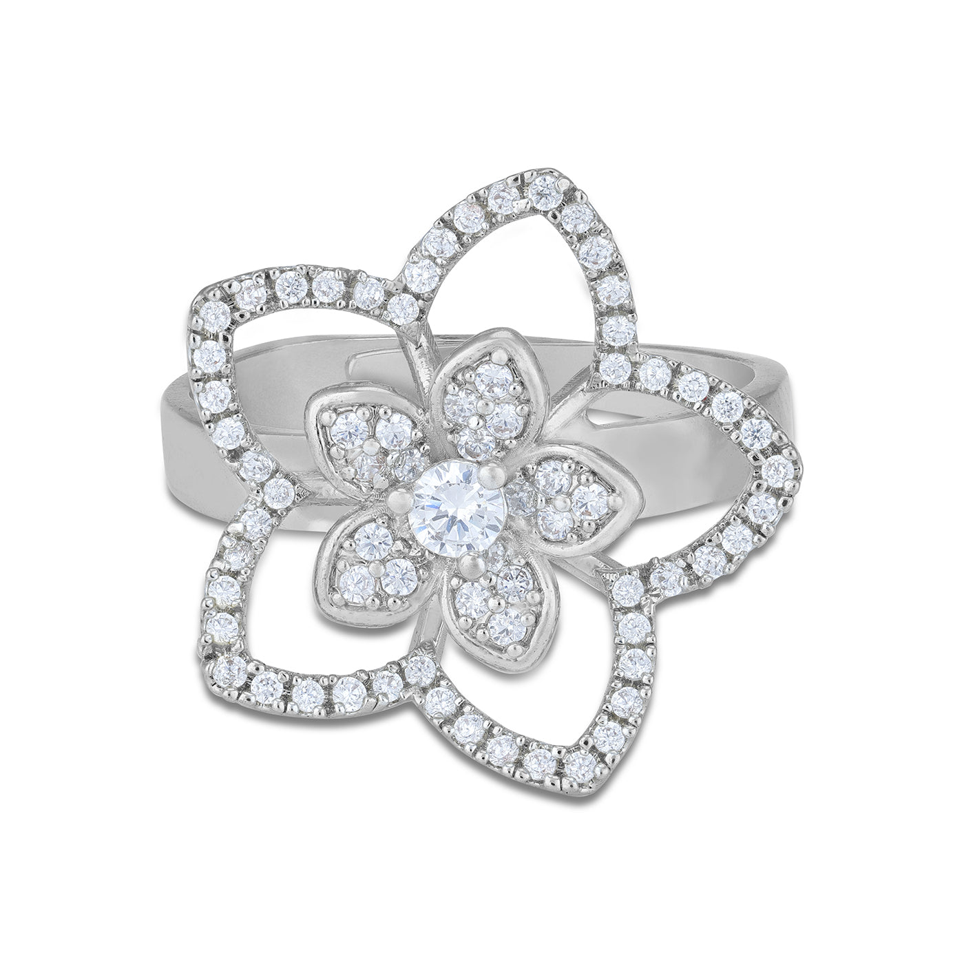 925 Sterling Silver Radiant Dual Bloom Floral Dome Rhodium Plated Ring for Women