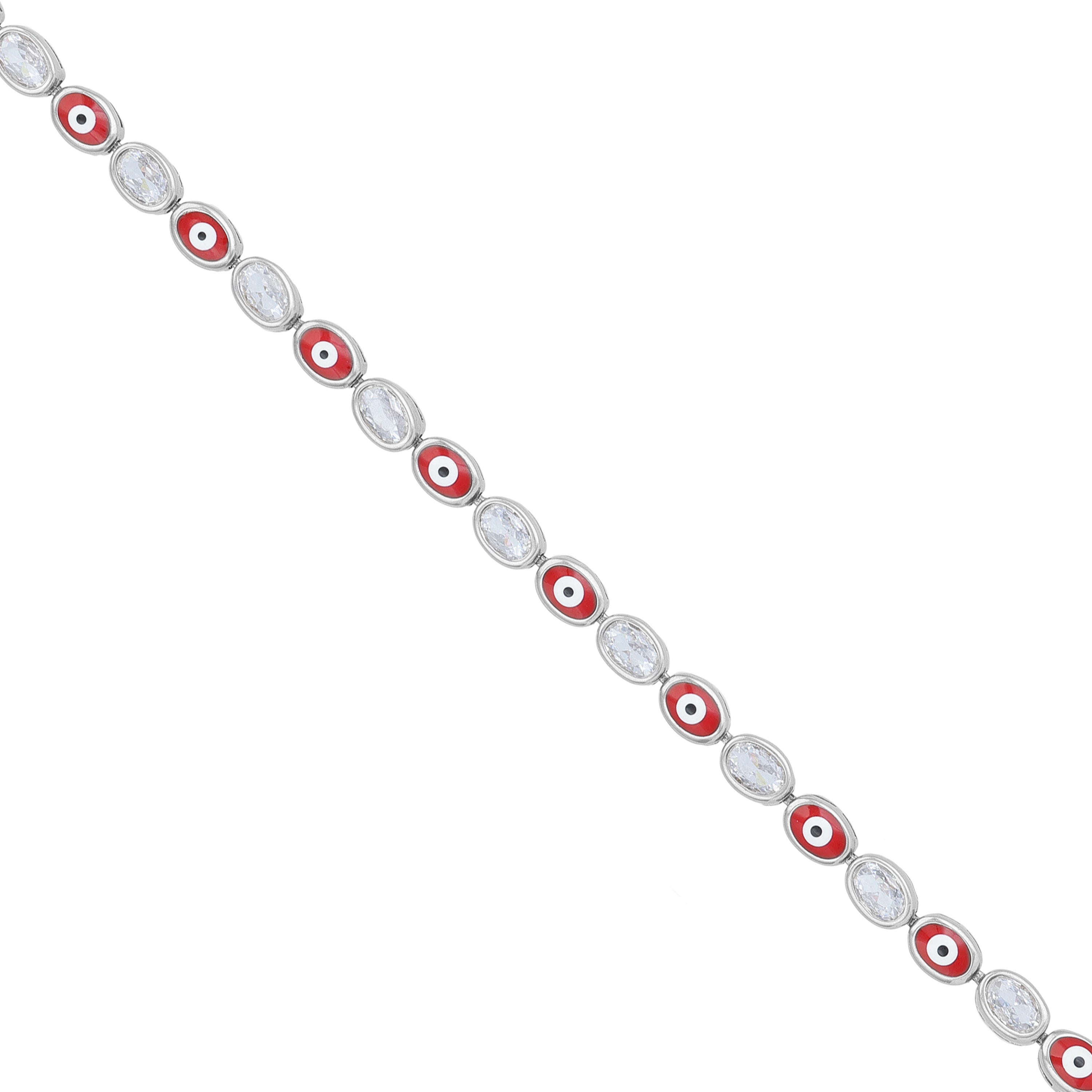 925 Sterling Silver Red Enamel Evil Eye Oval Charm Link Bracelet for Women