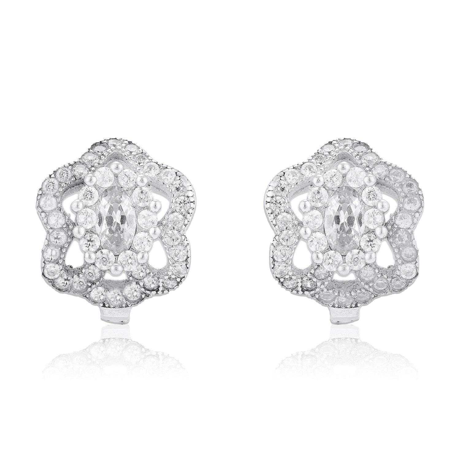925 Sterling Silver Regal Crystal Encrusted Floral Marquise Centerpiece Rhodium Plated Earrings for Women