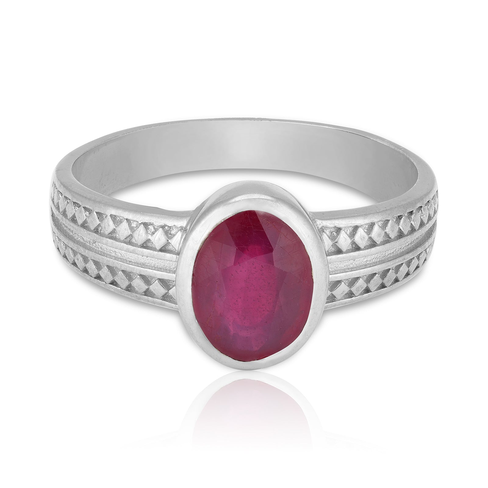 925 Sterling Silver Regal Ruby Gemstone Twin-Lined Band Embossed Diamond-Cut Pattern Ring for Men