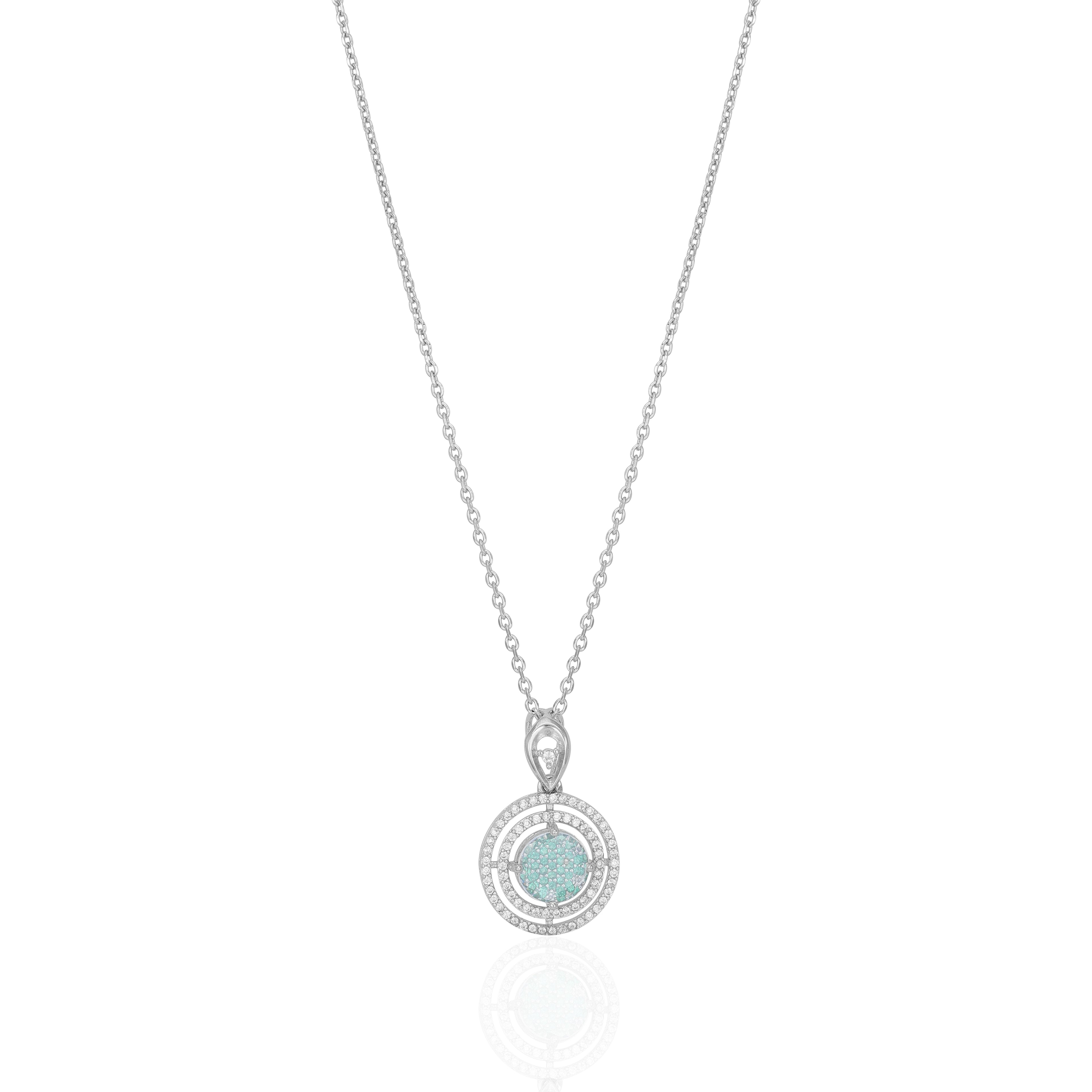 925 Sterling Silver Rhodium Plated Aqua Sparkle Triple Halo Circle Chain Pendant for Women