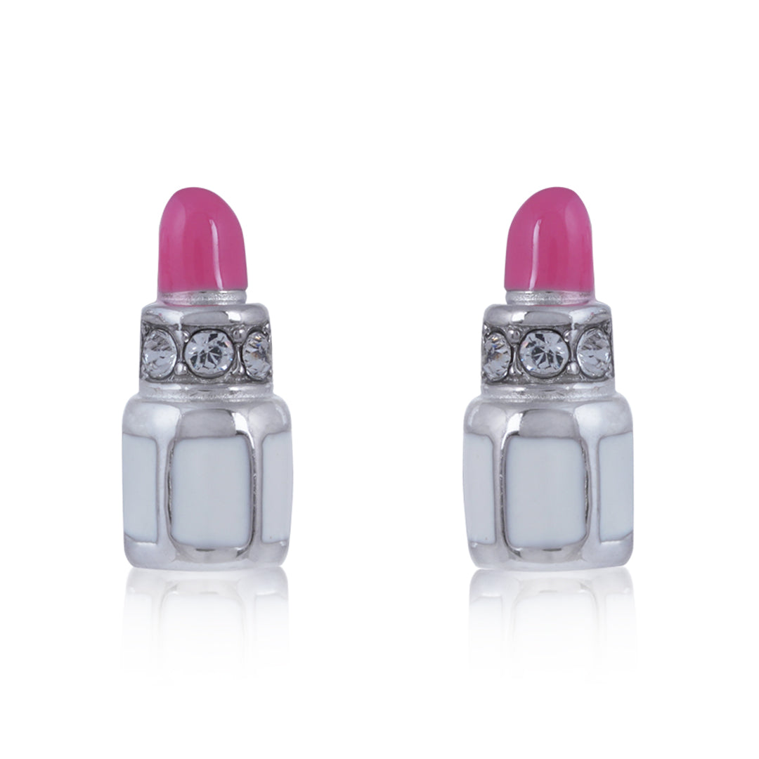 925 Sterling Silver Rhodium Plated Glossy Pink Lipstick Stud For Kids