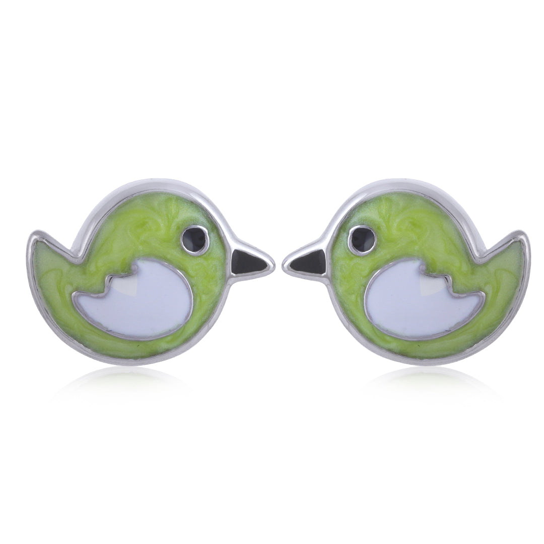 925 Sterling Silver Rhodium Plated Green Bird Stud For Kids