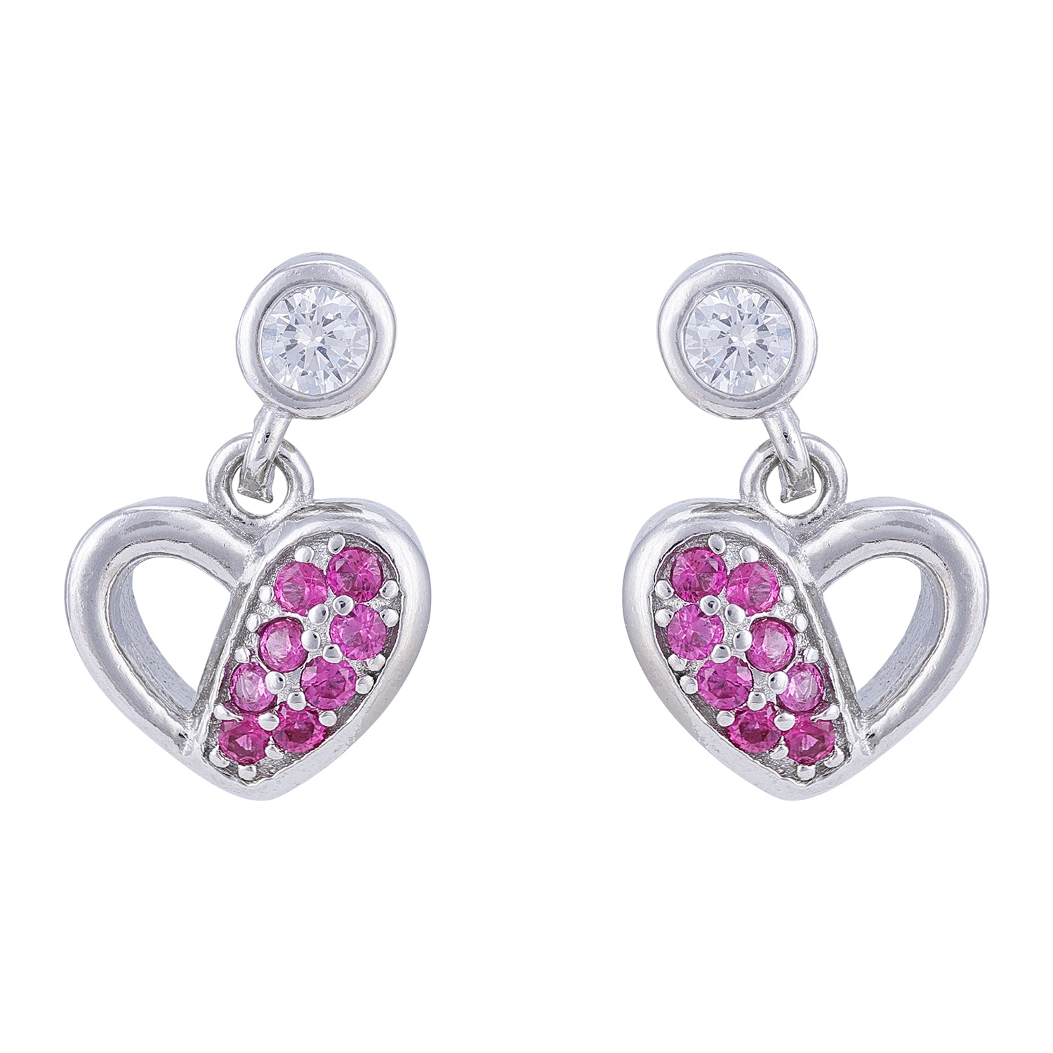 925 Sterling Silver Rhodium Plated Half-Set Pink Stone Heart Earrings For Women
