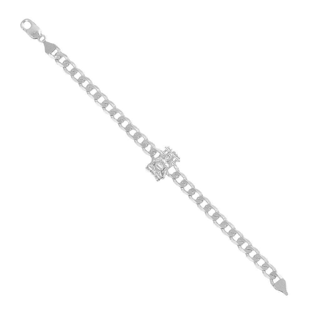 925 Sterling Silver Rhodium Plated Lord Raghavendra Charm Cuban Link Bracelet for Men and Women