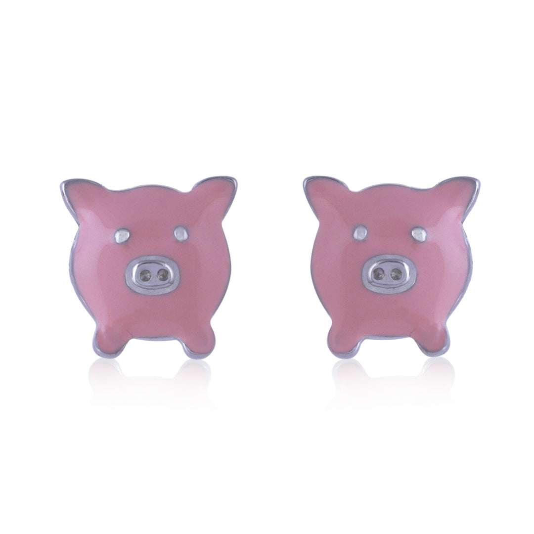 925 Sterling Silver Rhodium Plated Piggy Charm Stud For Kids