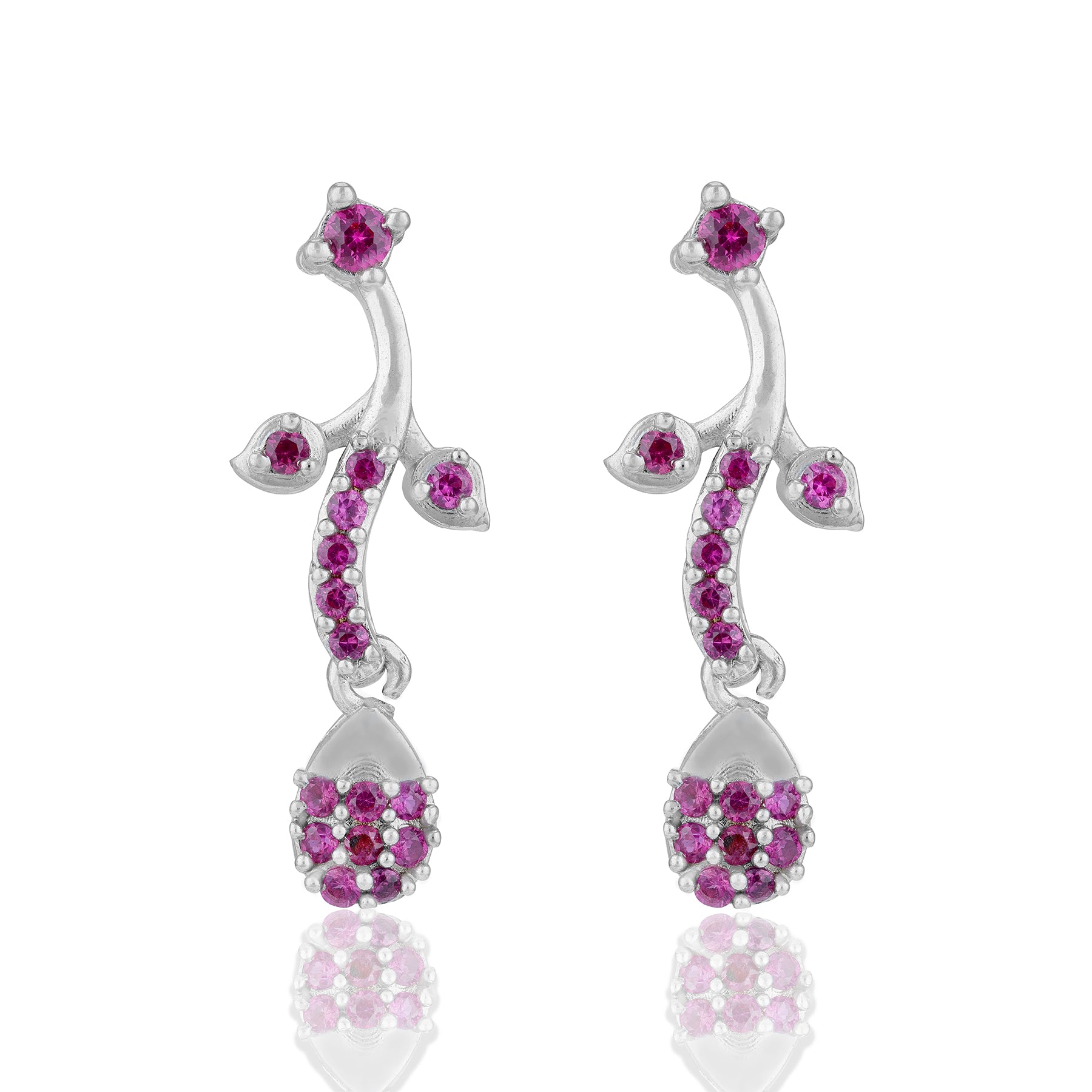 925 Sterling Silver Rhodium Plated Pink Blossom Vine Drop Earrings for Women
