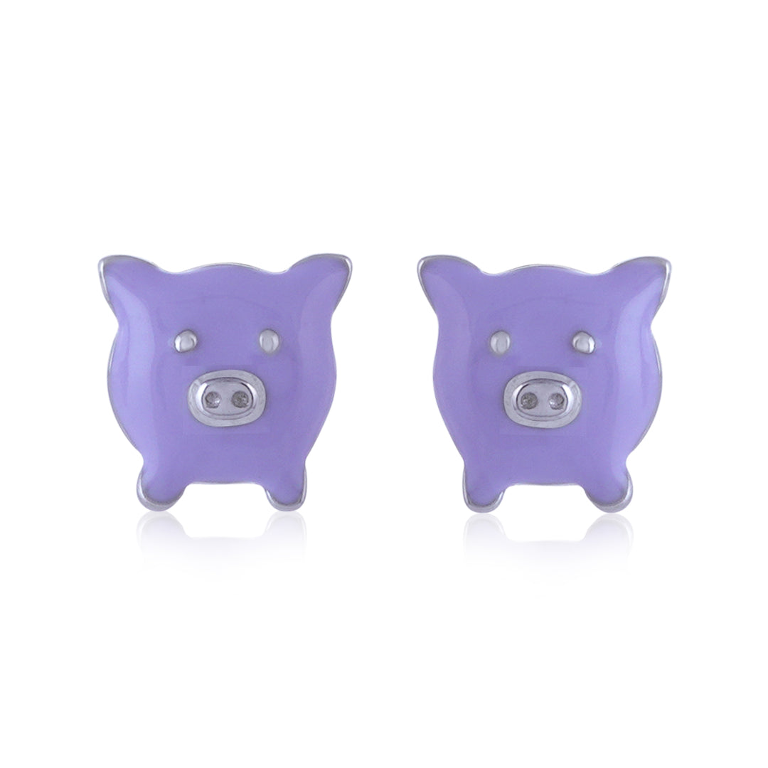 925 Sterling Silver Rhodium Plated Purple Piggy Stud For Kids