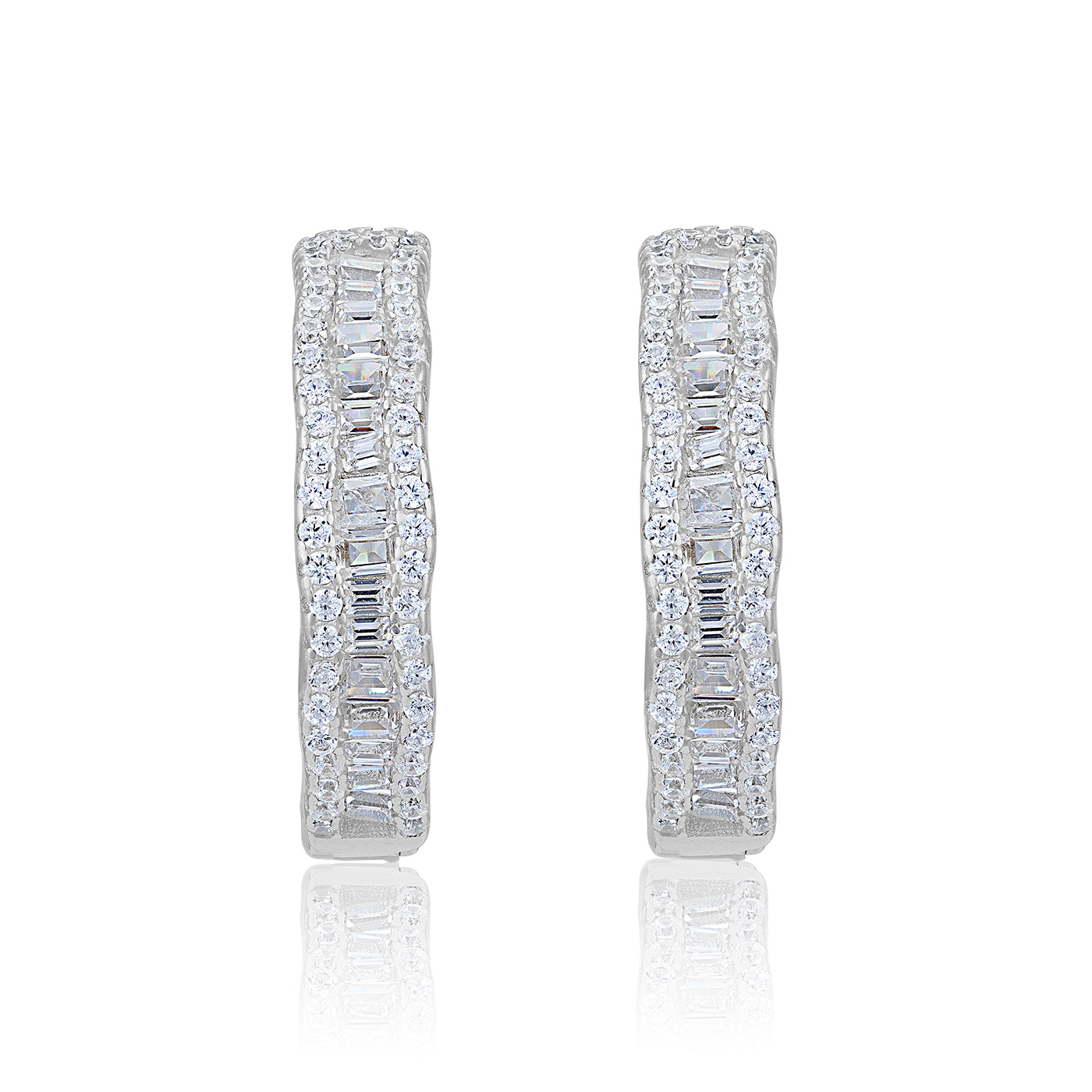 925 Sterling Silver Rhodium Plated Sparkling Twin Track Baguette Cut Eternity Earring for Women