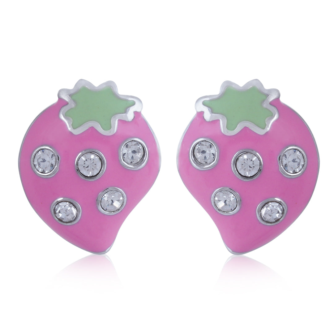 925 Sterling Silver Rhodium Plated Strawberry Stud For Kids
