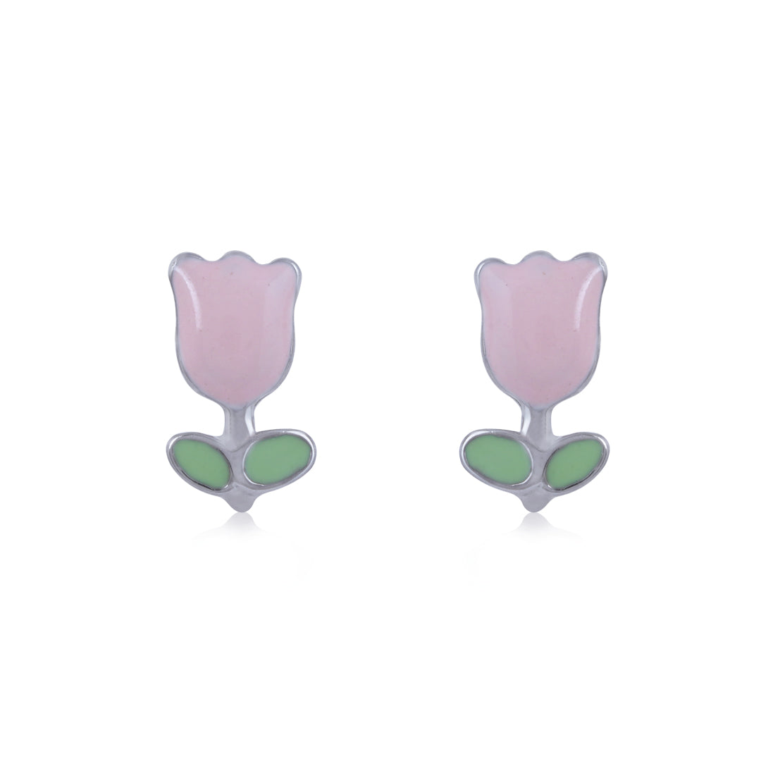 925 Sterling Silver Rhodium Plated Tulip Bloom Stud For Kids