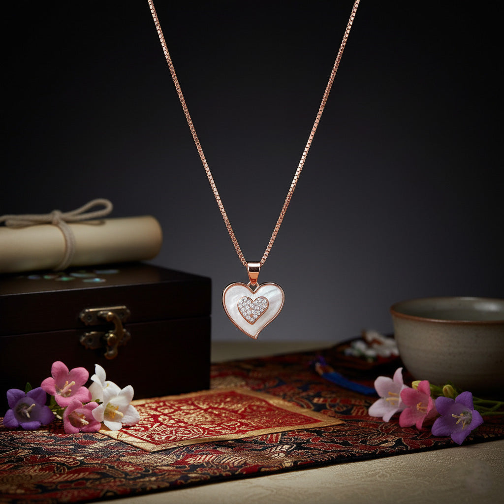 Heart-shaped pendant necklace on a dark background with decorative elements