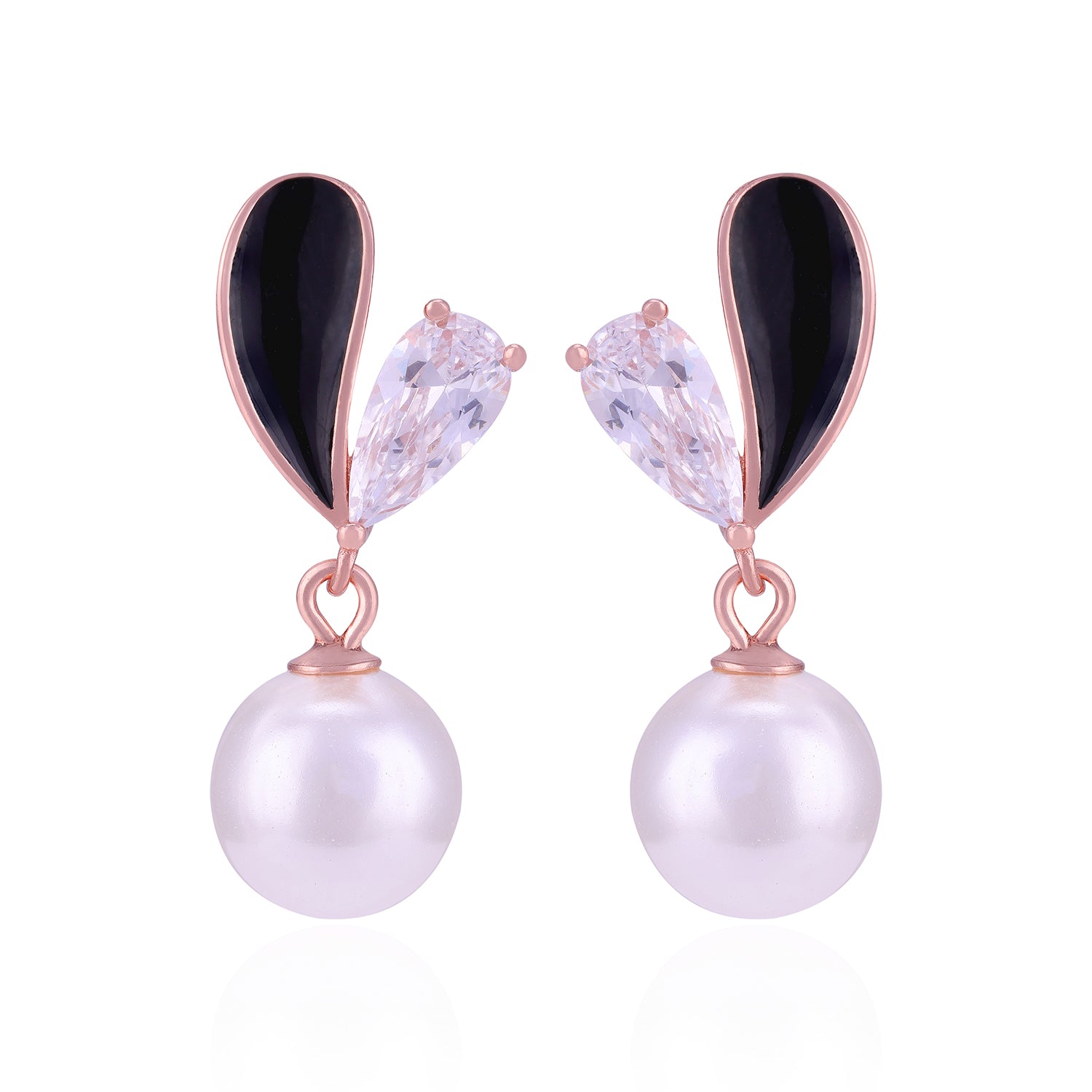 Pearl earrings with black and clear gemstones