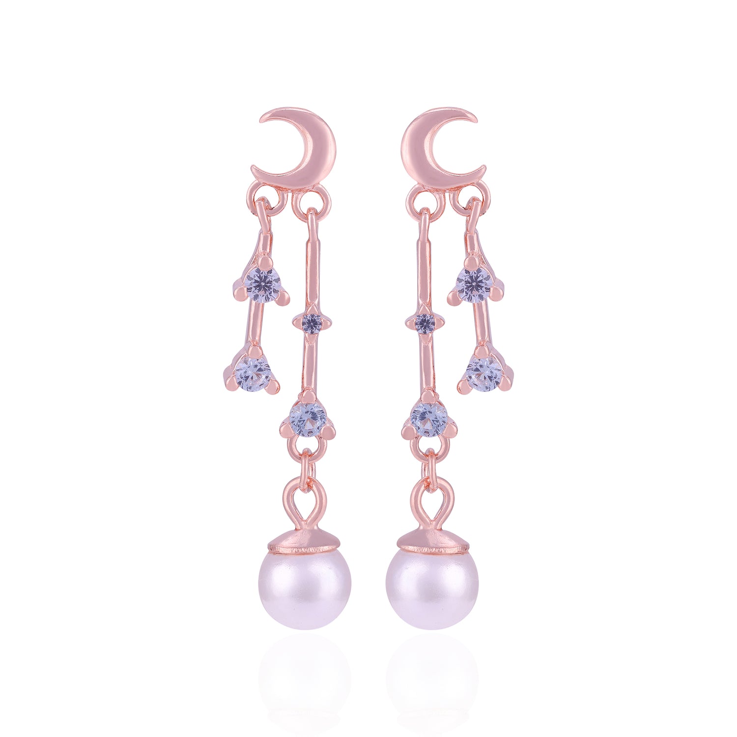 Rose gold earrings with pearl drops and gemstones on a white background