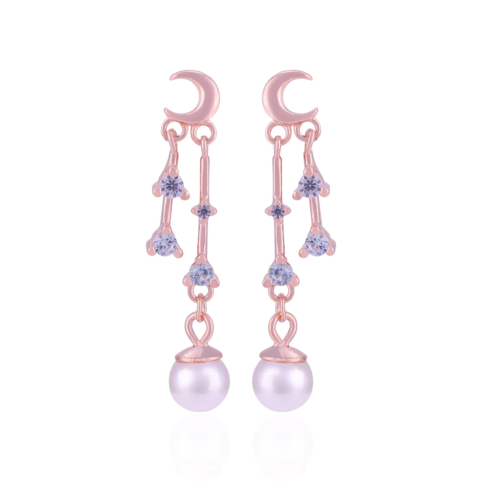 Rose gold earrings with pearl drops and gemstones on a white background