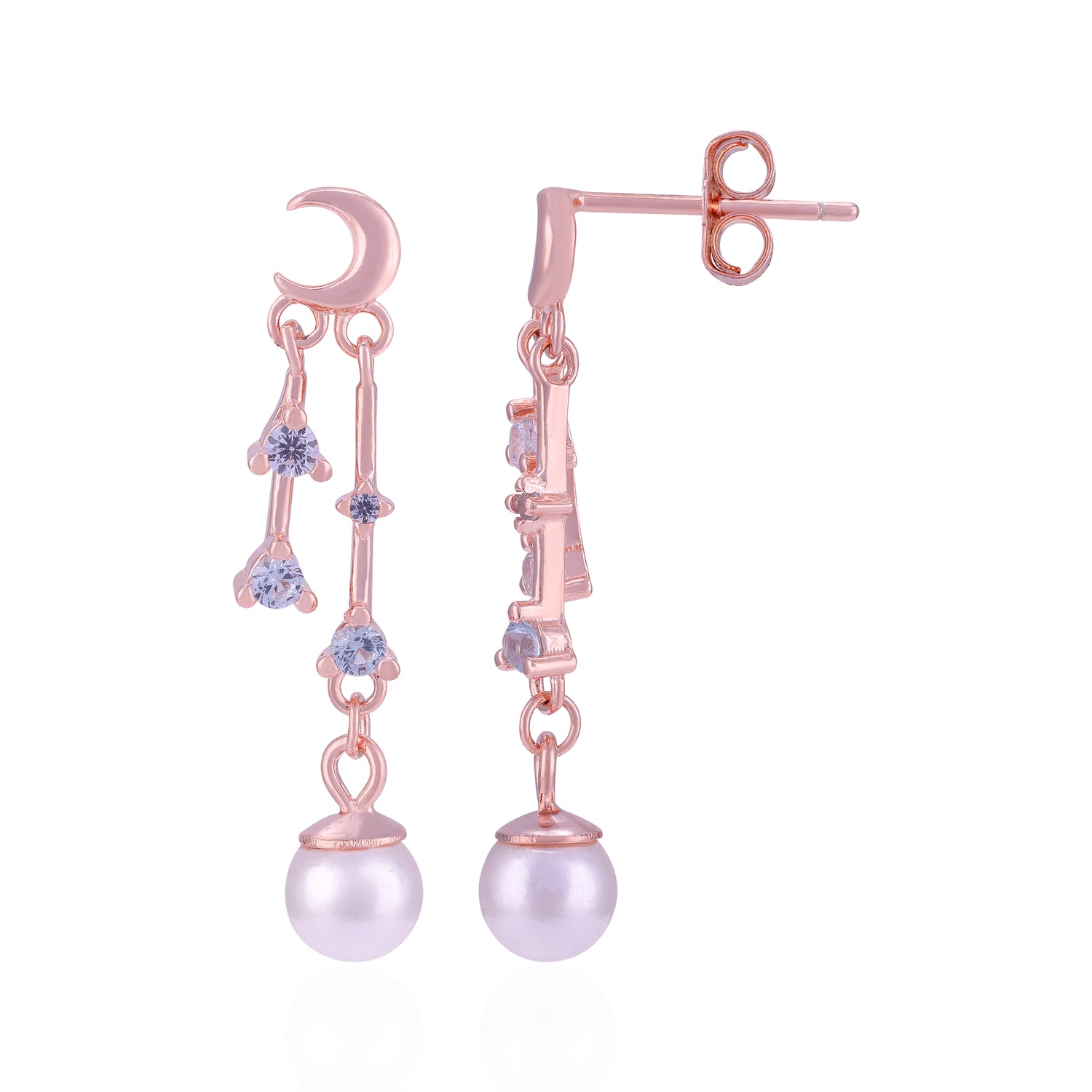 Rose gold earrings with pearls and gemstones on a white background