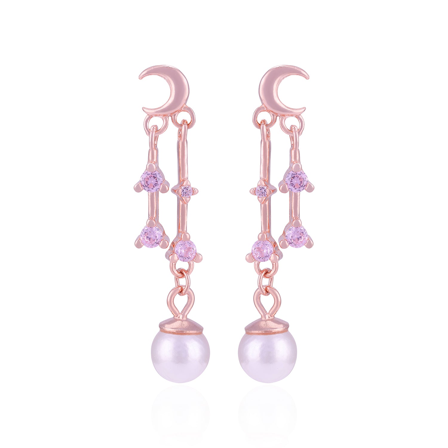 Pair of pink earrings with moon designs and pearl-like beads on a white background