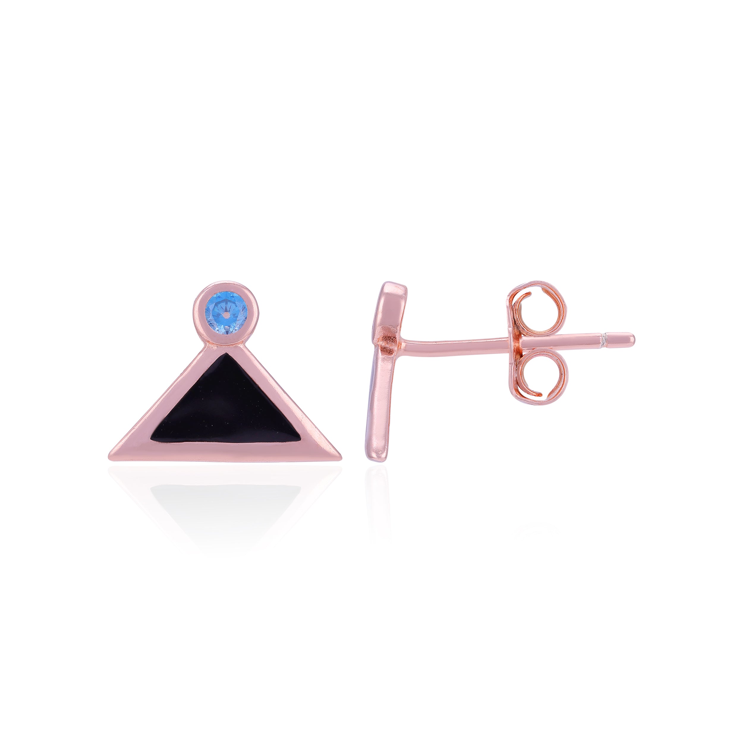 Rose gold triangle-shaped earrings with black and blue stones on a white background