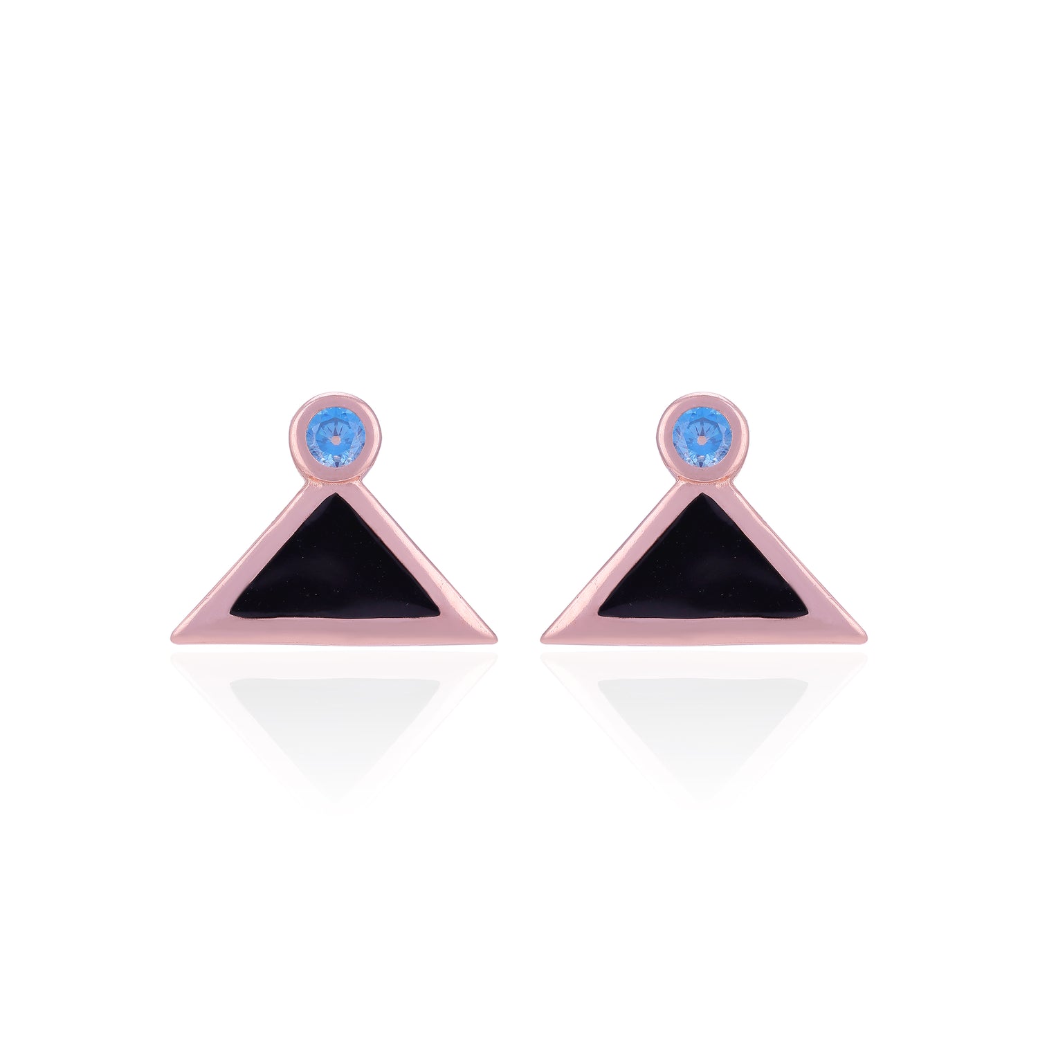 Pair of triangle-shaped earrings with pink, black, and blue colors on a white background