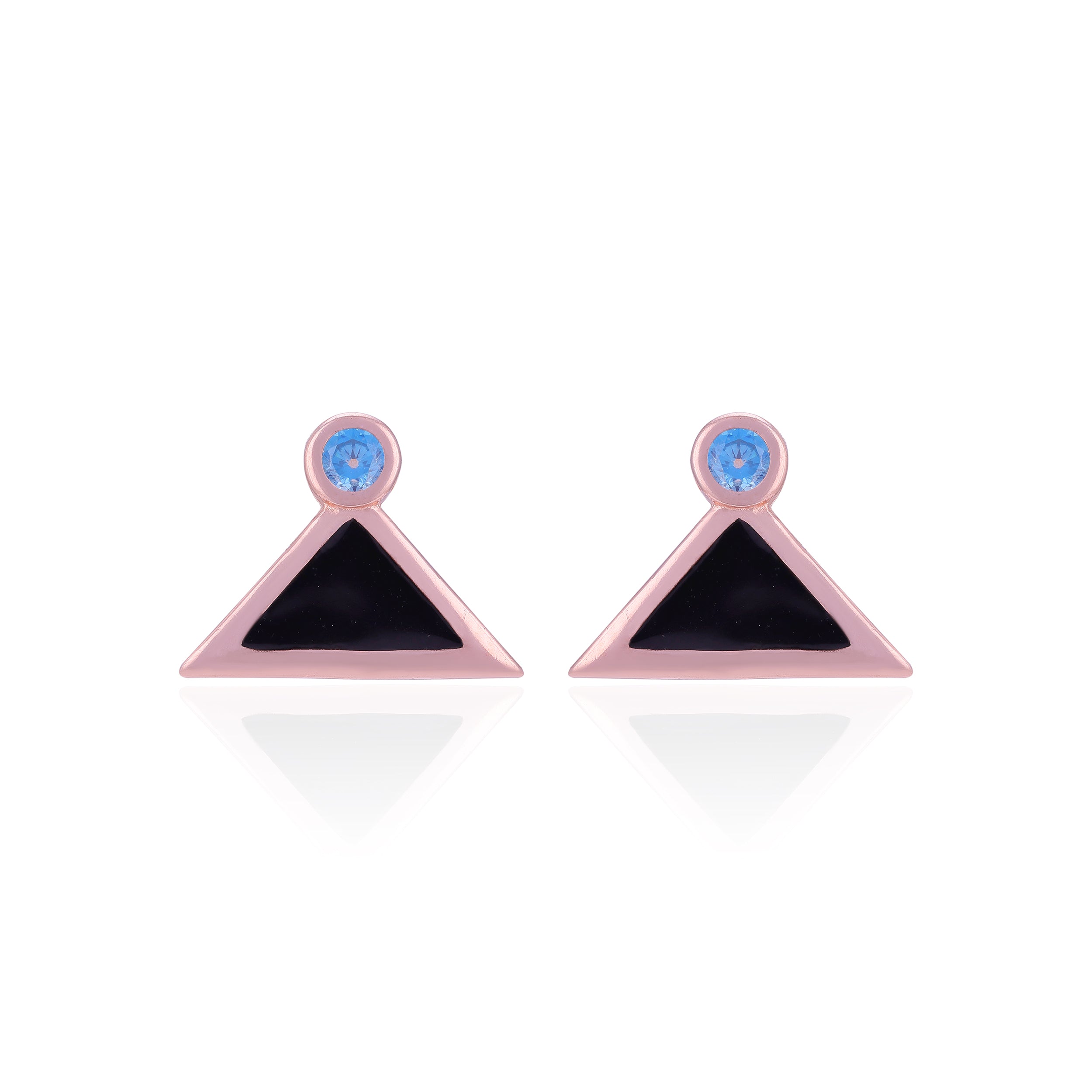 Pair of triangle-shaped earrings with pink, black, and blue colors on a white background