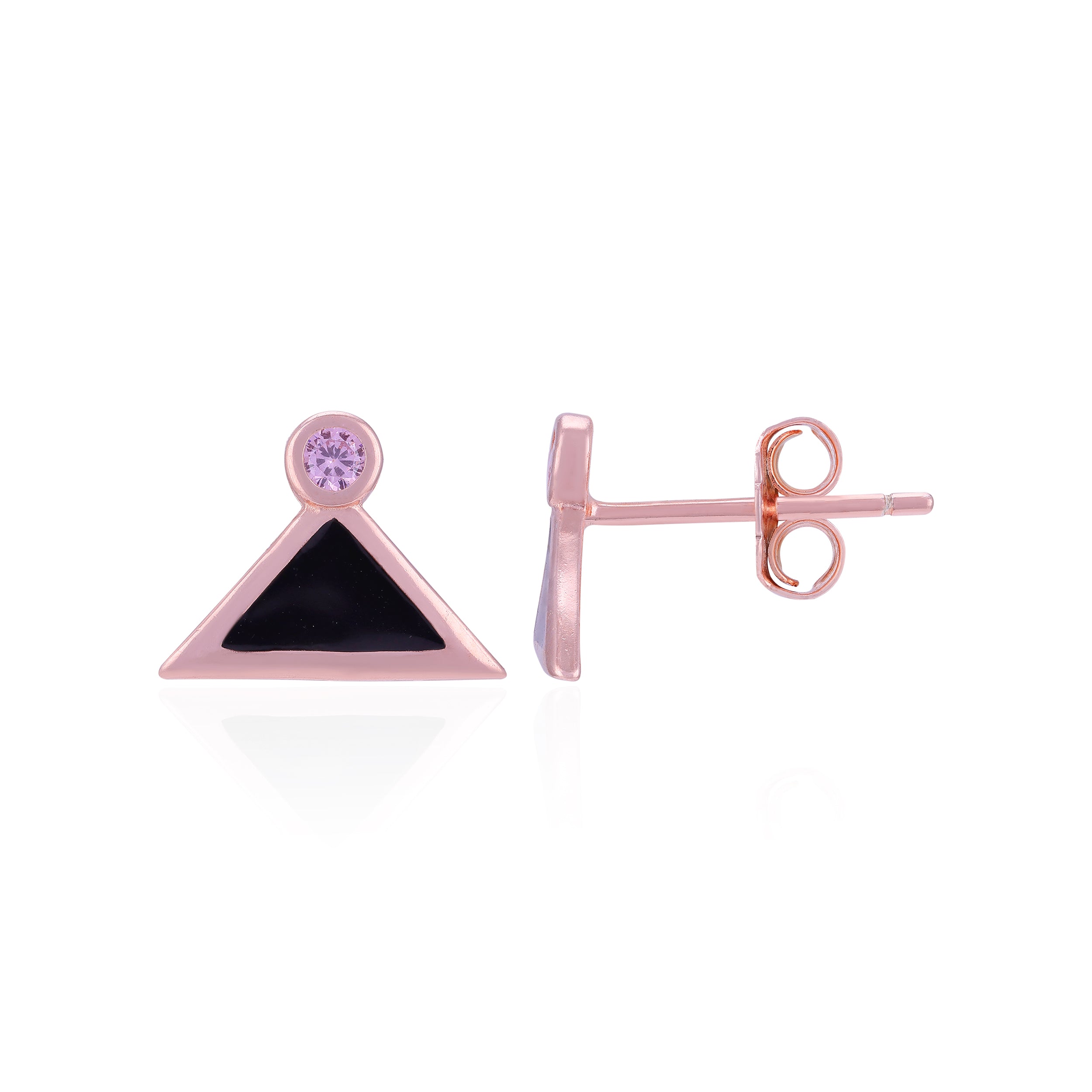 Rose gold triangle-shaped earrings with black and purple stones