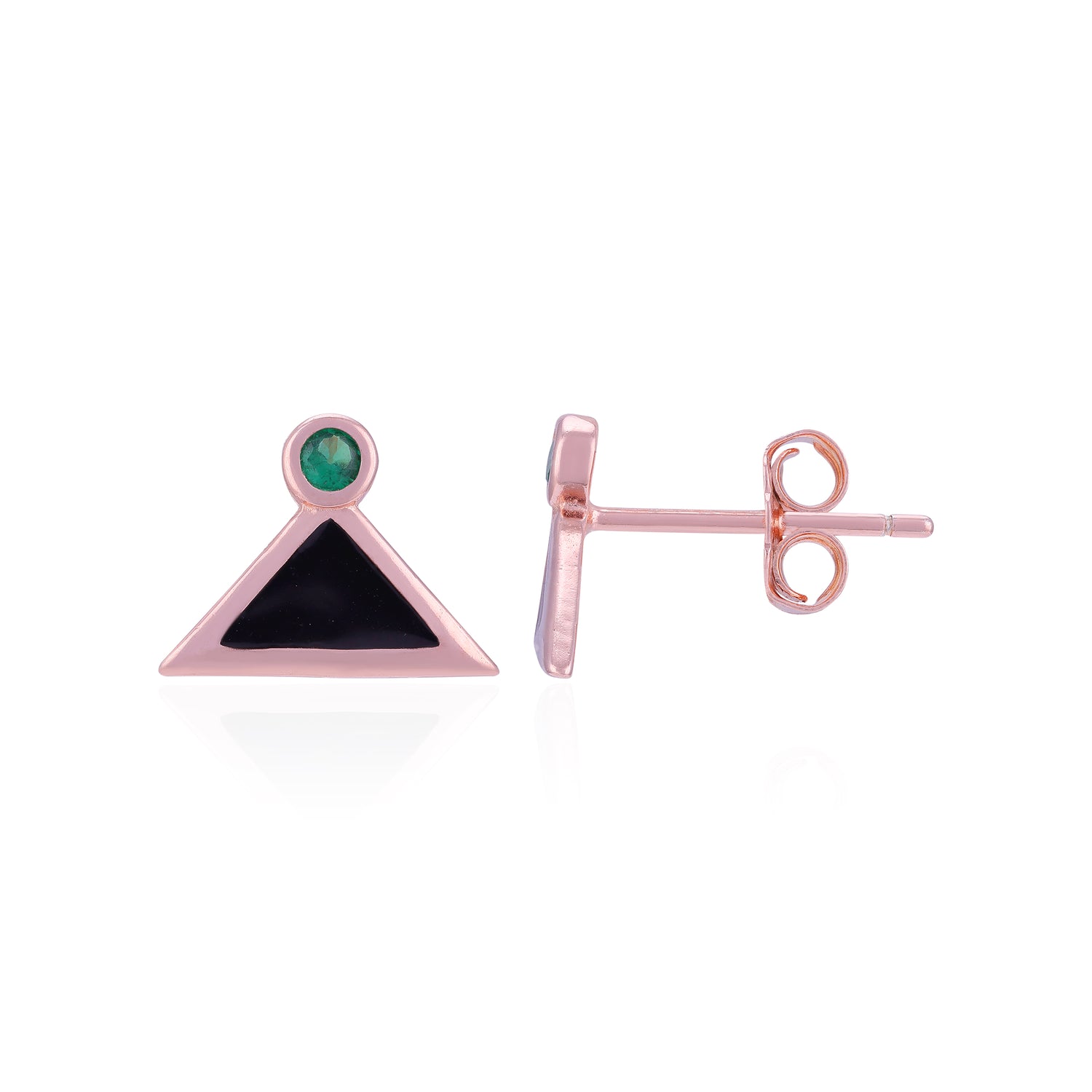 Rose gold triangle-shaped earrings with black and green stones on a white background