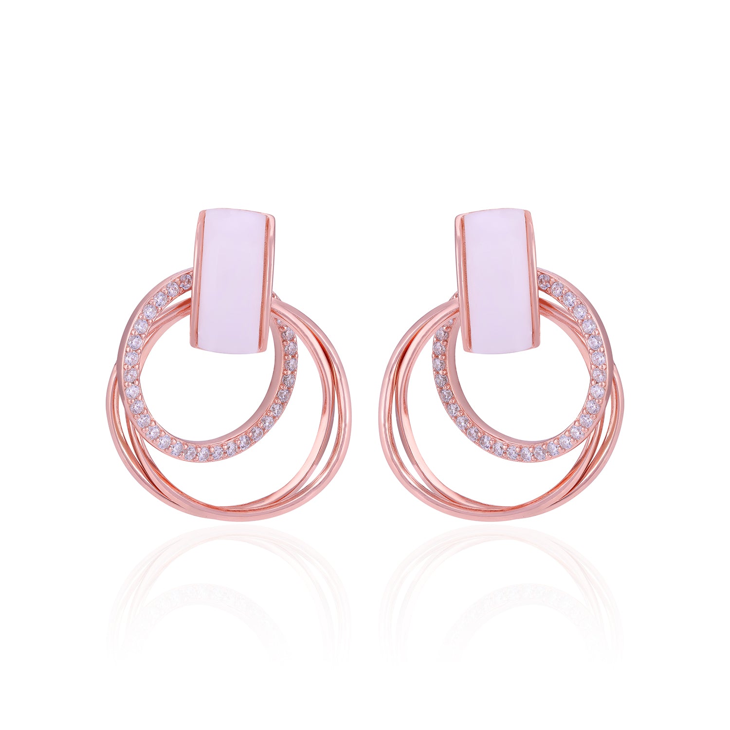 Pair of rose gold hoop earrings with pink center stones on a white background