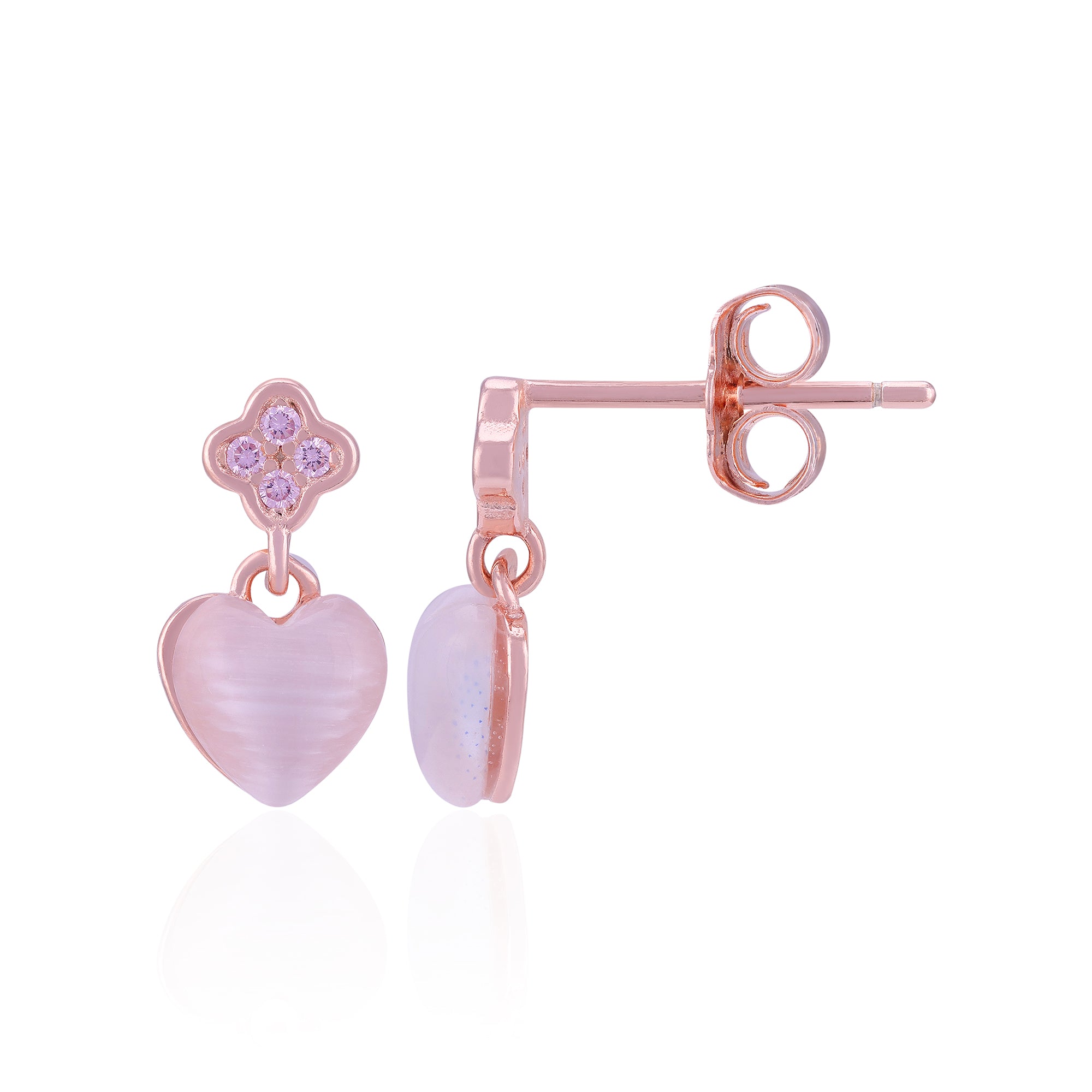 Rose gold earrings with heart and clover designs on a white background
