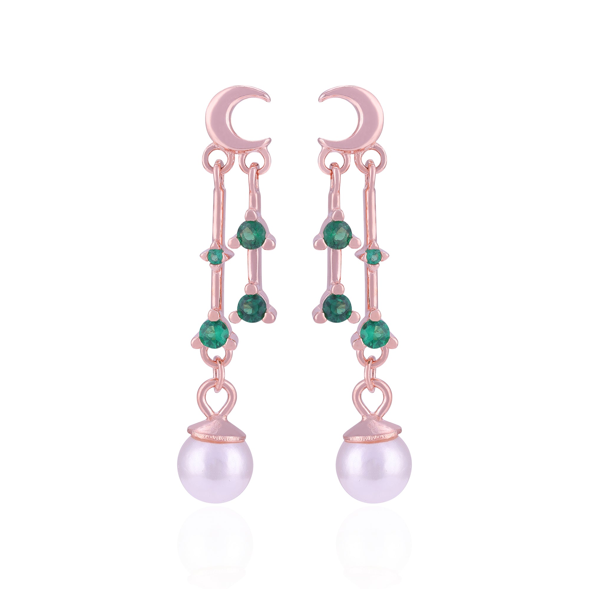 Rose gold earrings with green gemstones and pearl drops on a white background