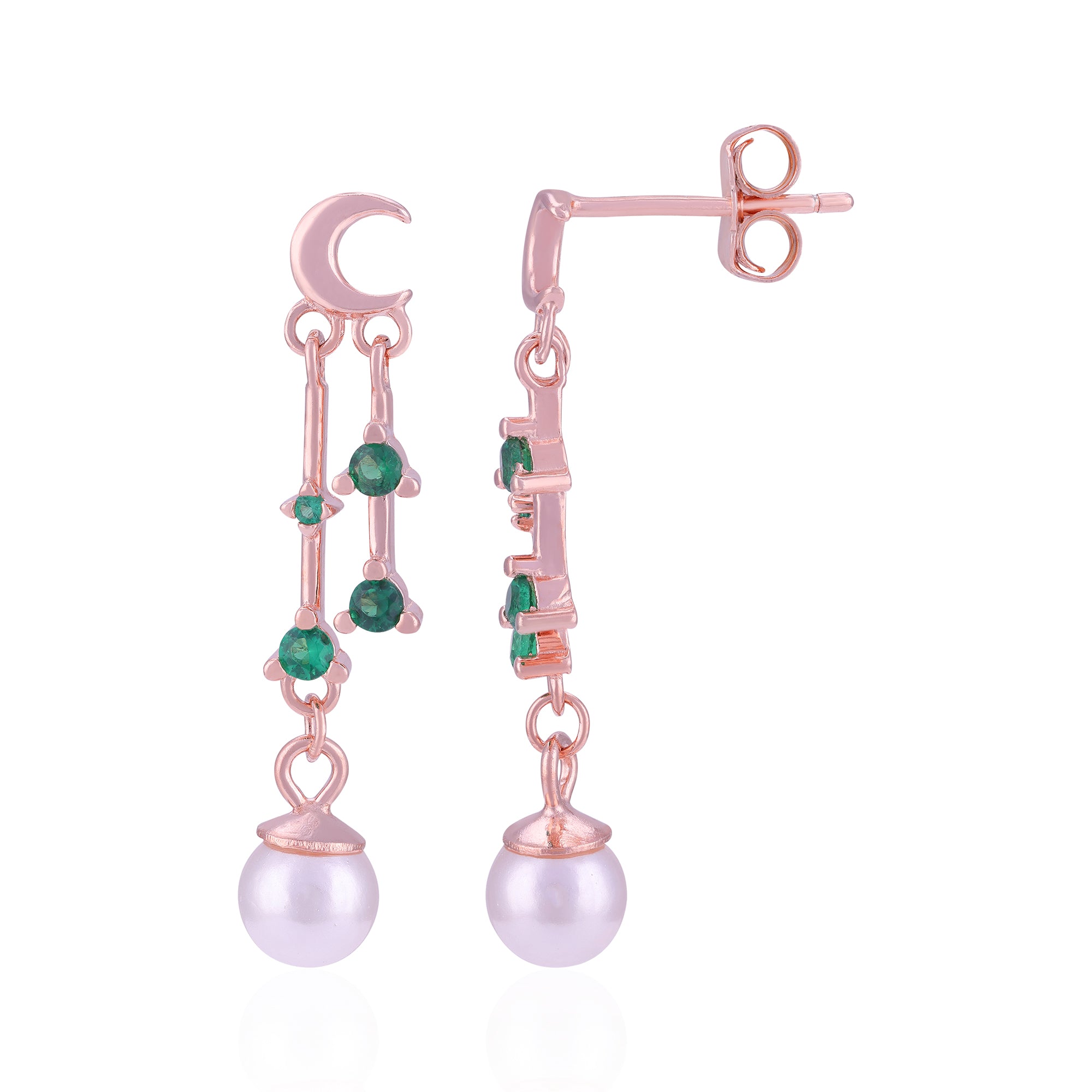 Rose gold earrings with green gemstones and pearl drops on a white background