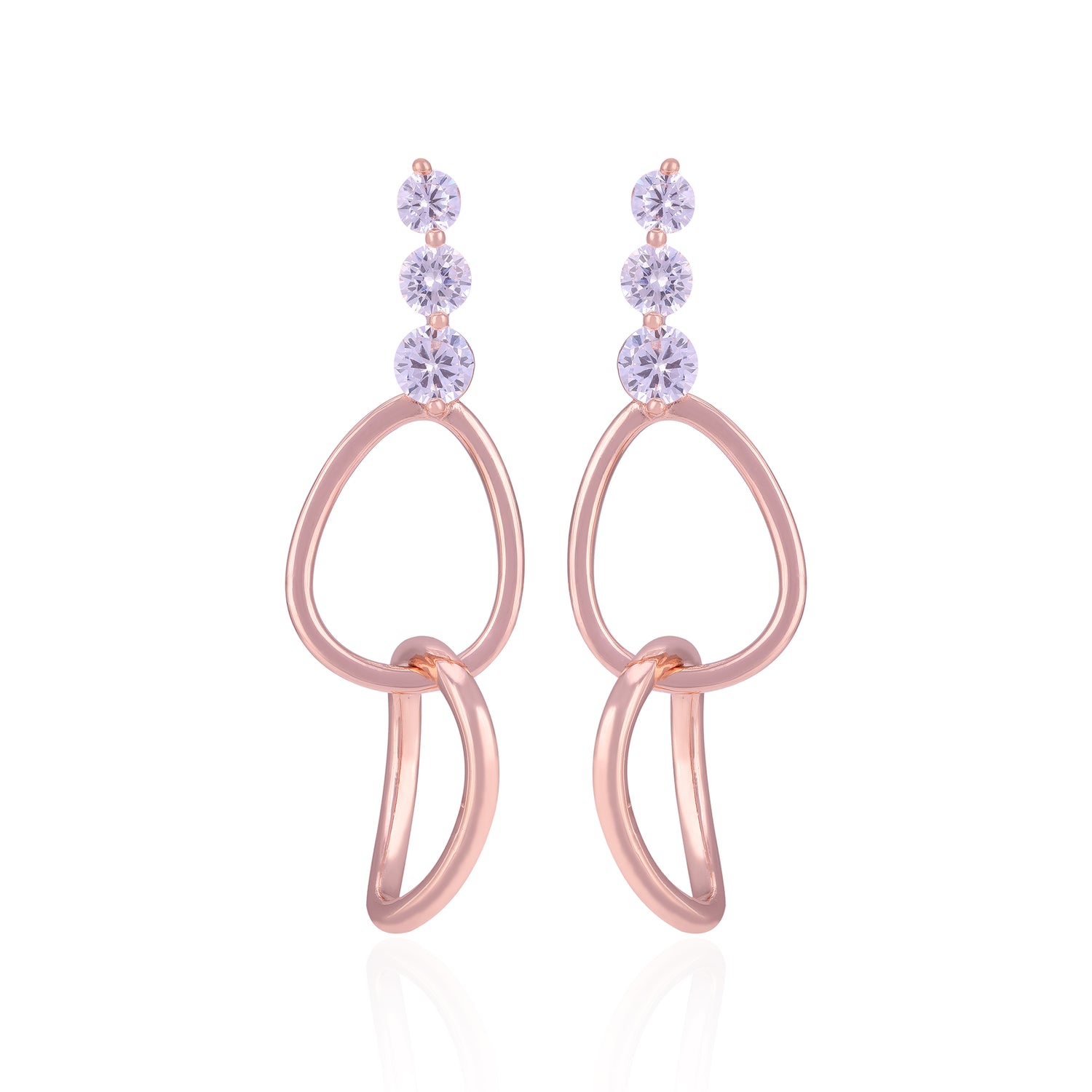 Rose gold earrings with purple gemstones on a white background