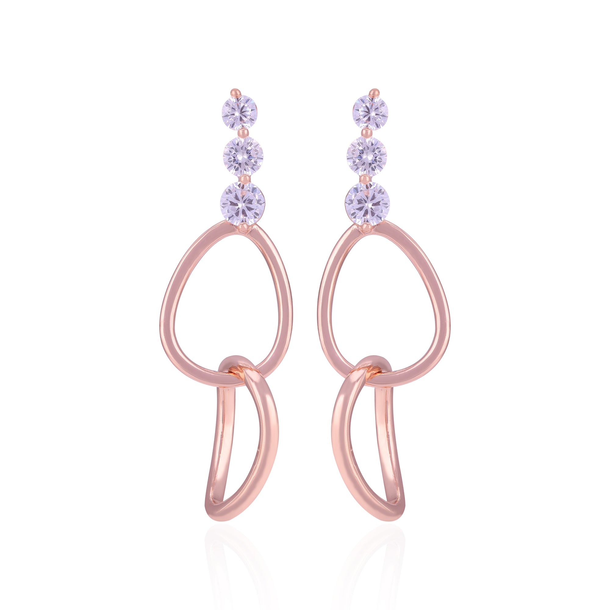 Rose gold earrings with purple gemstones on a white background