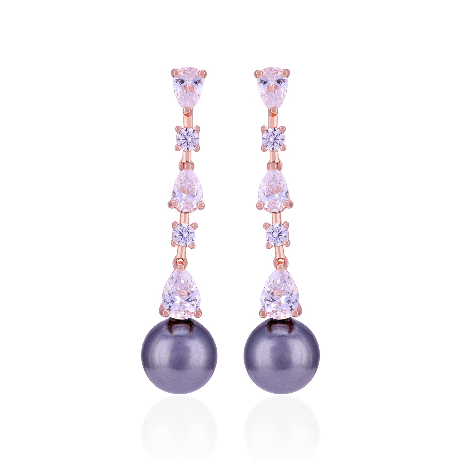 Earrings with purple pearls and rose gold accents on a white background