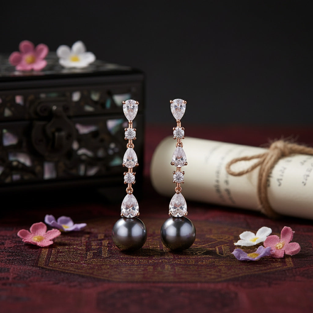 Pair of earrings with black beads and clear gemstones on a dark background with decorative elements.