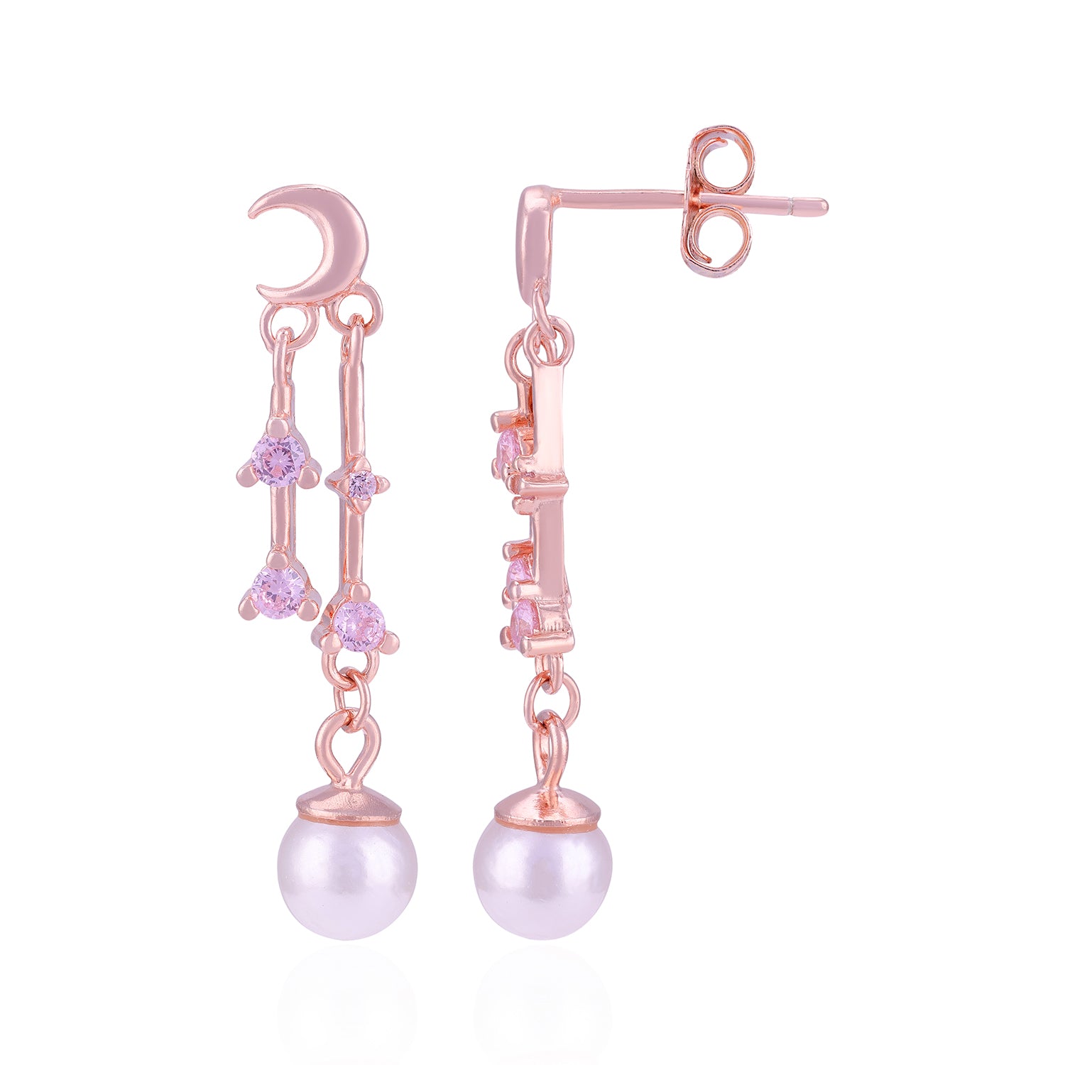 Rose gold earrings with pearl drops and pink gemstones on a white background