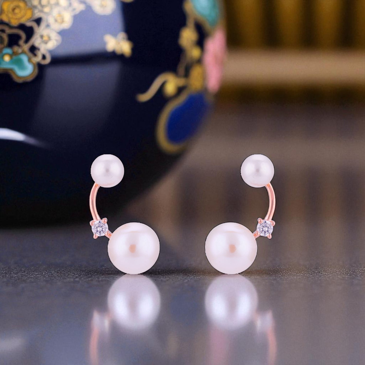 925 Sterling Silver Rose Gold Dual Pearl Solitaire Accent Earrings for Women