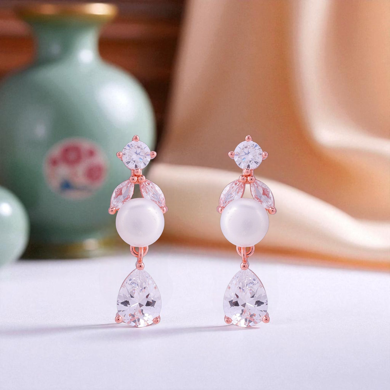 925 Sterling Silver Rose Gold Floral Crystal Pearl Drop Earrings for Women