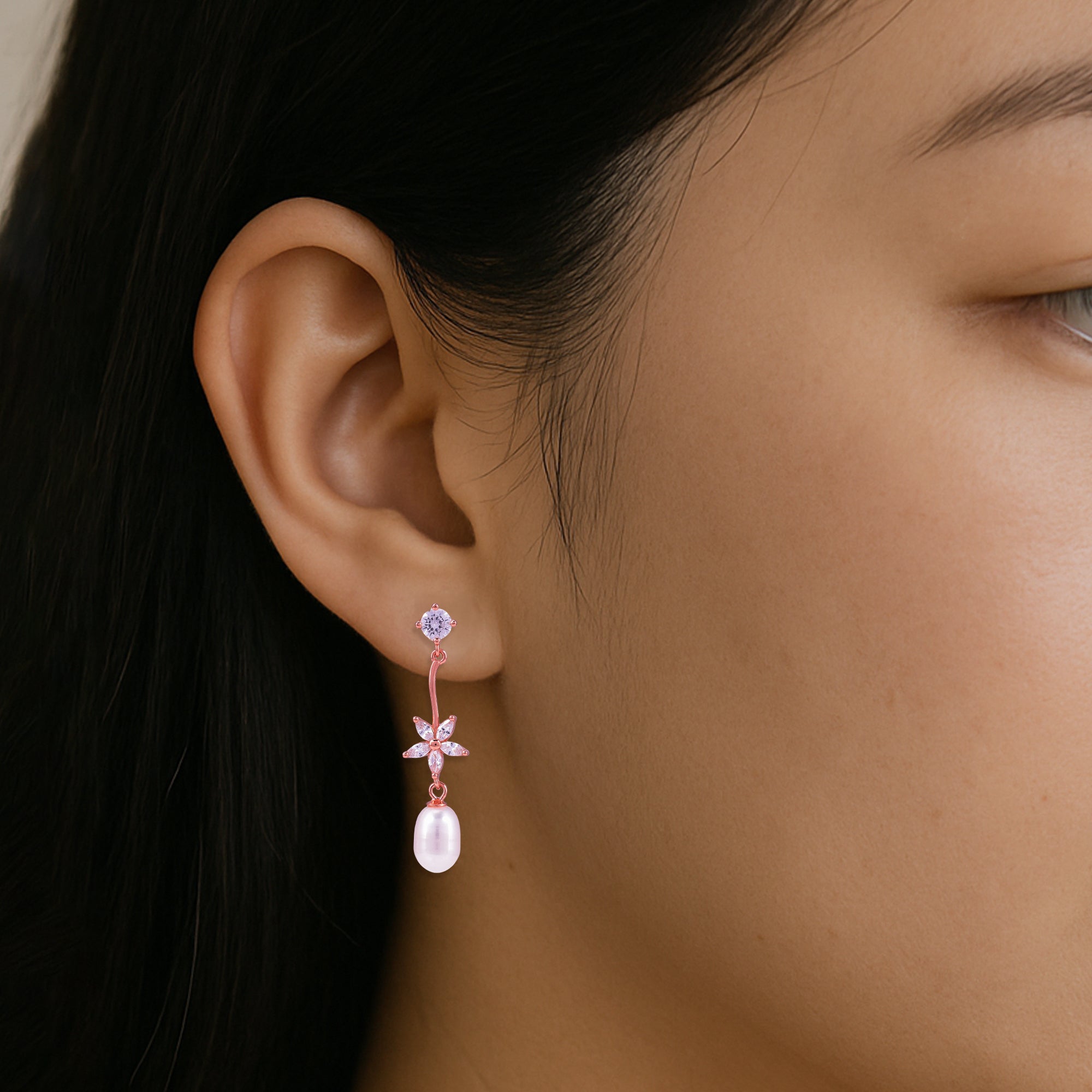 925 Sterling Silver Rose Gold Floral Spiral Pearl Danglers for Women