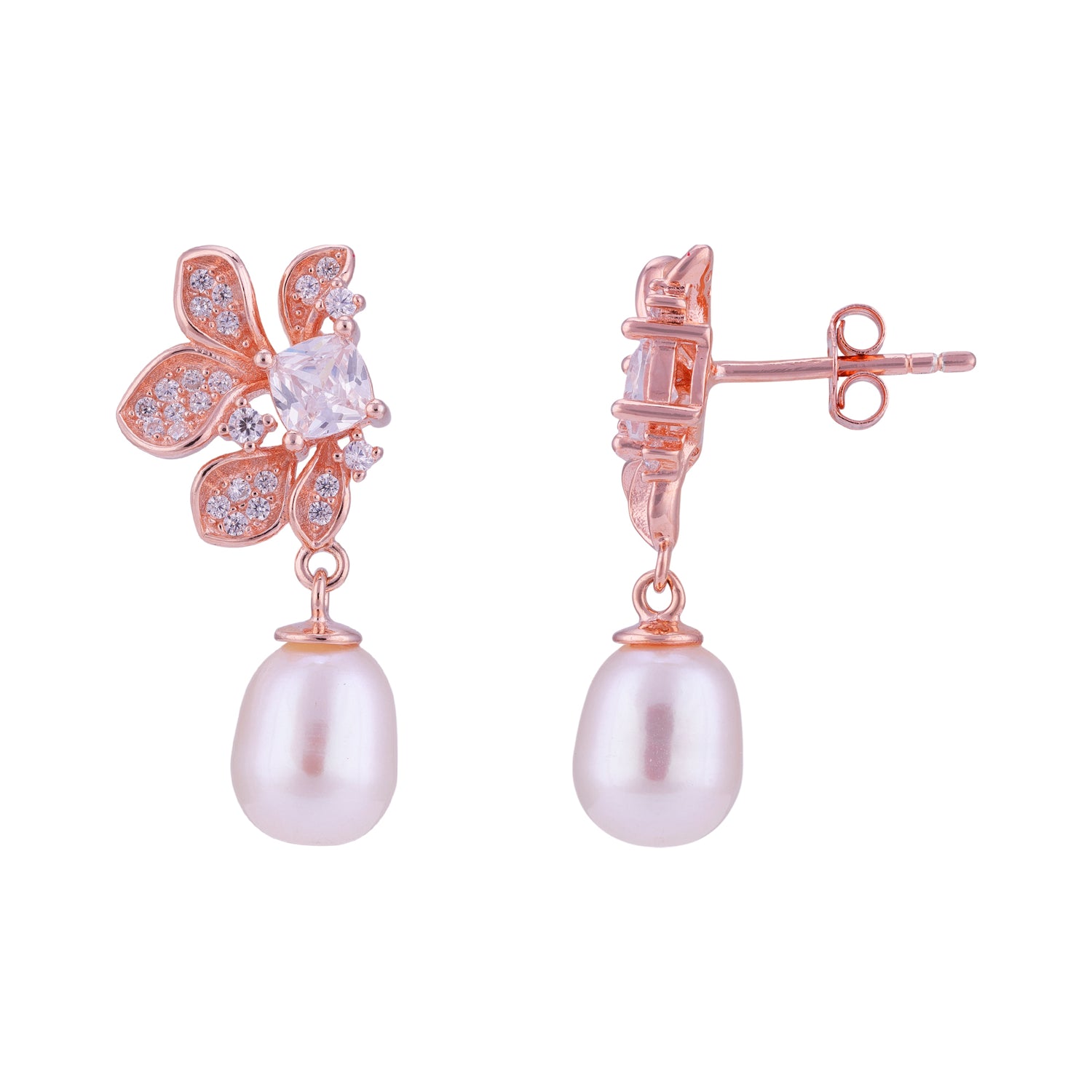 925 Sterling Silver Rose Gold Ornamental Flower Hanging Pearl Earrings for Women