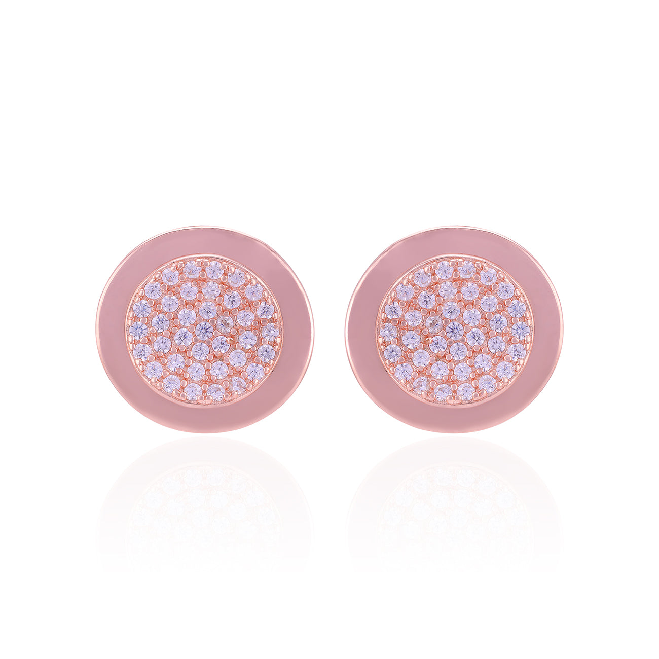Pair of round earrings with pink and blue gemstone pattern on a white background