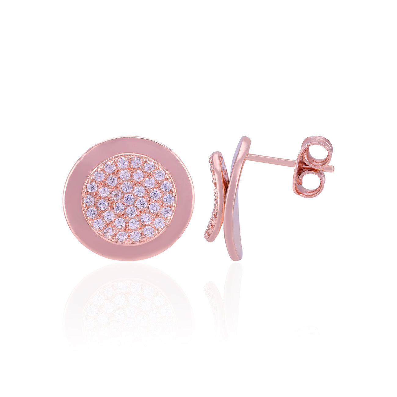 Rose gold earring with circular design and embedded stones on a white background