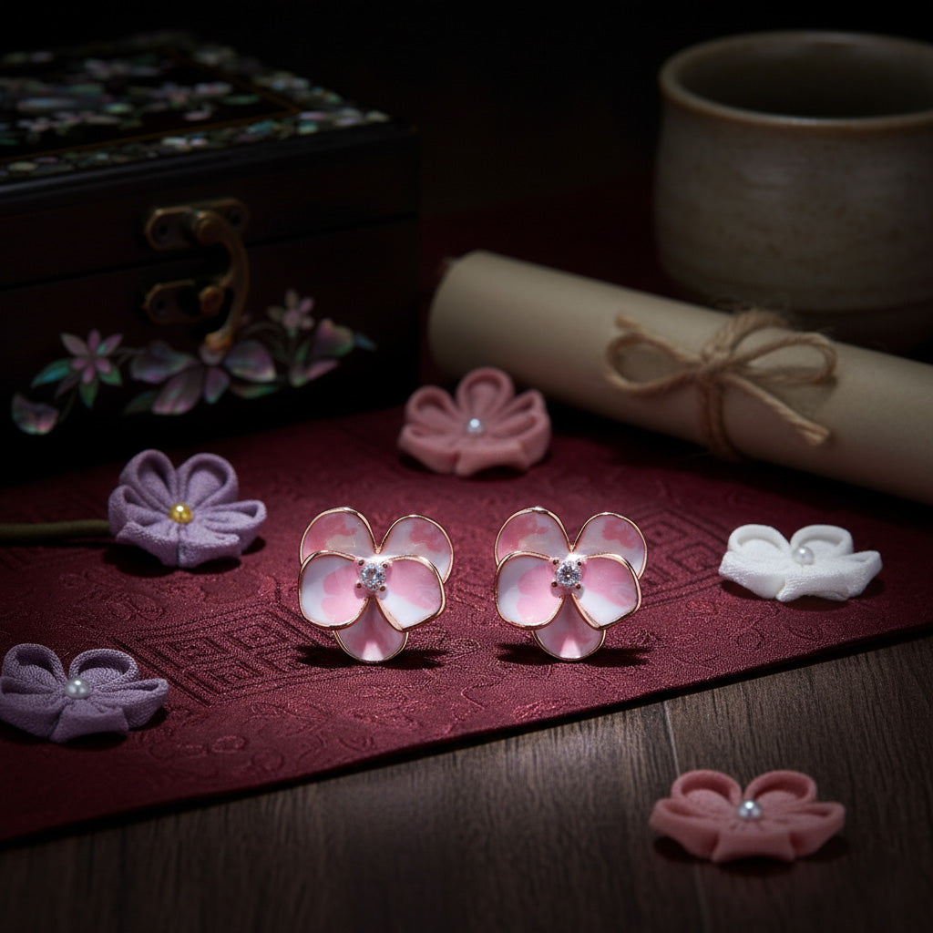 Flower-shaped earrings on a dark surface with decorative items.