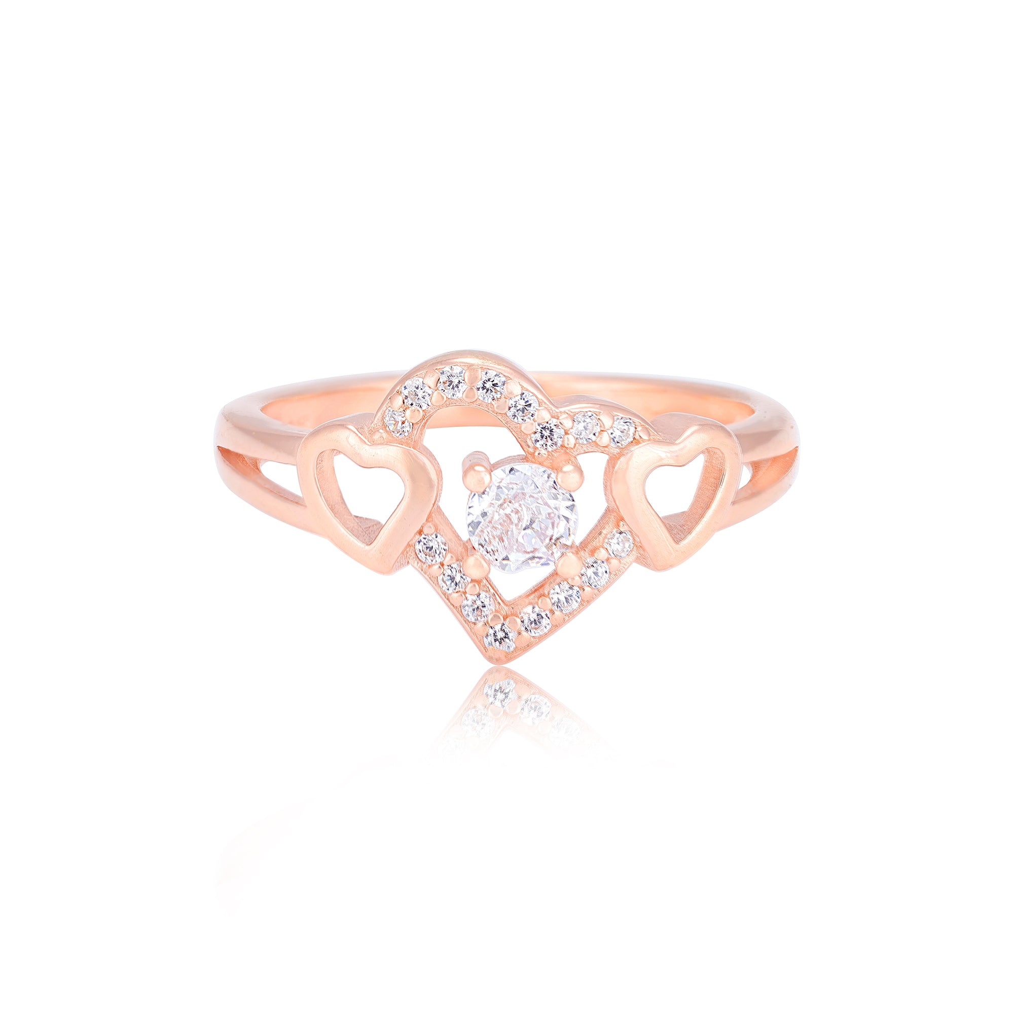 925 Sterling Silver Rose Gold Plated Triple Heart Glow Solitaire Ring for Women