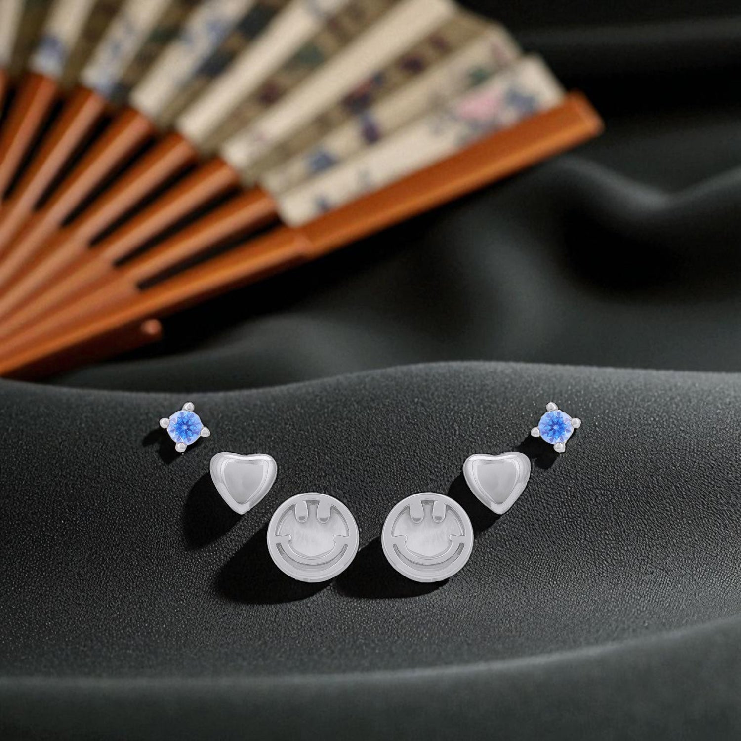 925 Sterling Silver Rose Gold Smiley Chic & Aqua Gleam 3-in-1 Ear Set for Women