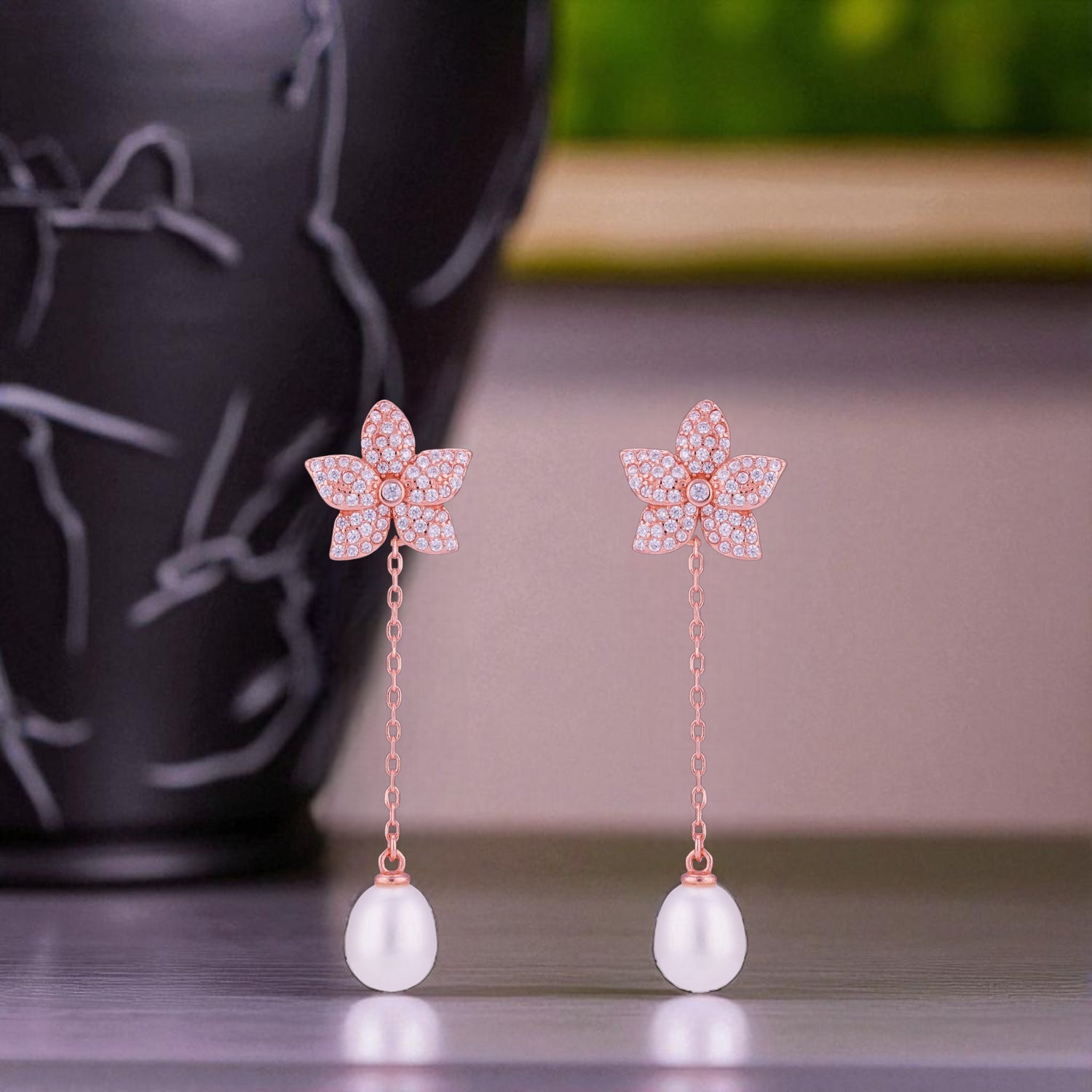 925 Sterling Silver Rose Gold Starburst Pearl Drop Chain Earrings for Women