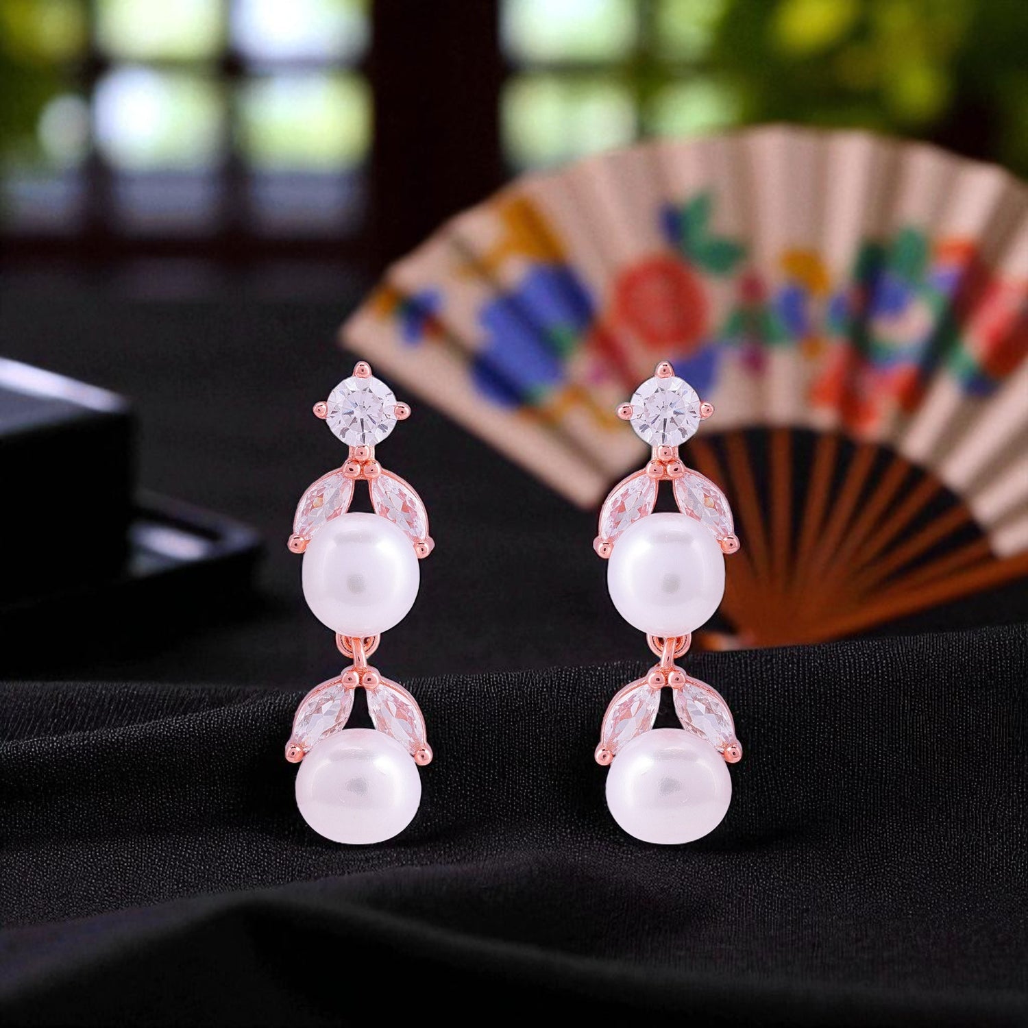 925 Sterling Silver Rose Gold Twin Pearl  Marquise-Cut Crystal Earrings for Women