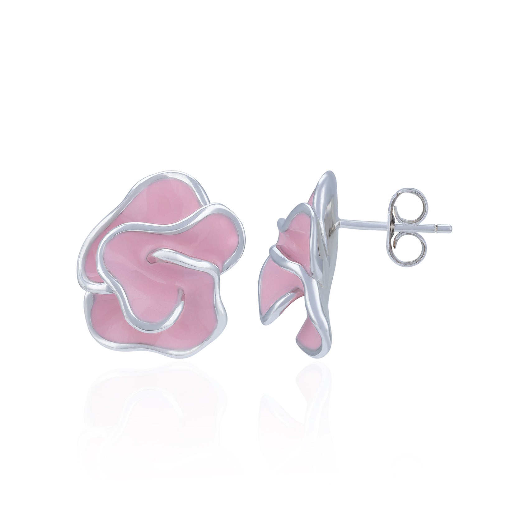 Pink and silver earrings on a white background