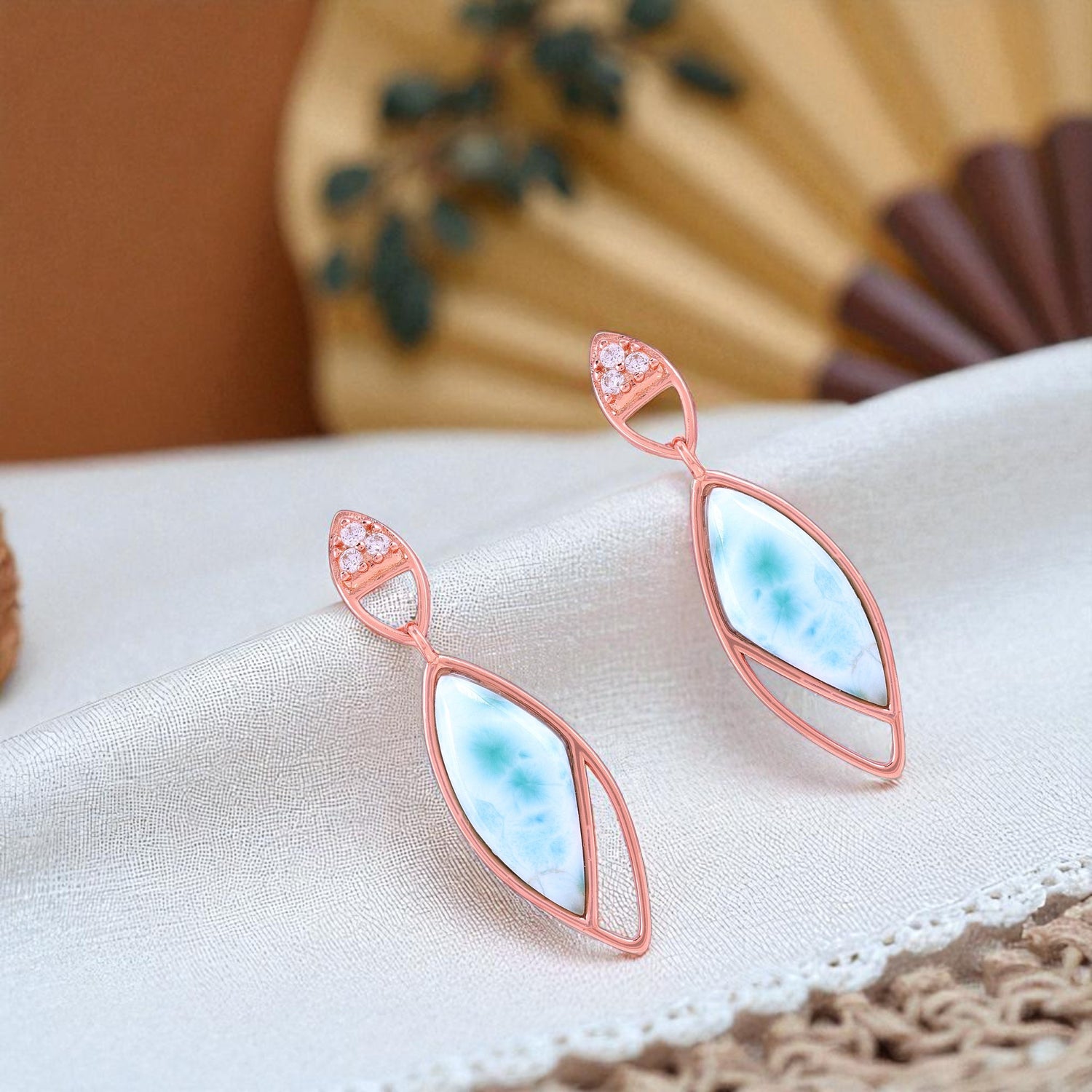 925 Sterling Silver Rose Oval Bow Larimar Drop Earrings for Women