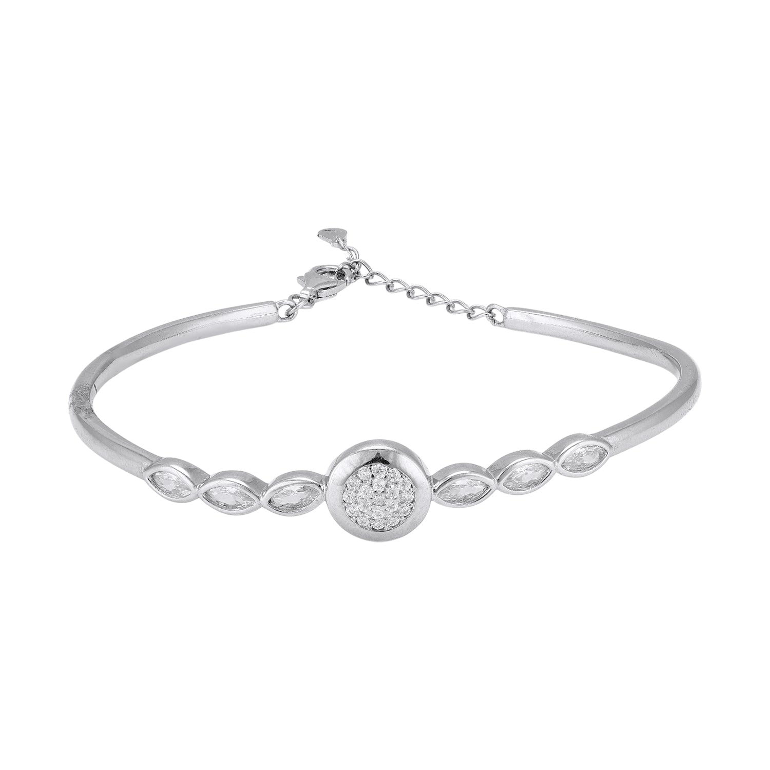 925 Sterling Silver Round Pave with Tapered Marquise Side Stones Sleek Metal Finish Bracelet for Women